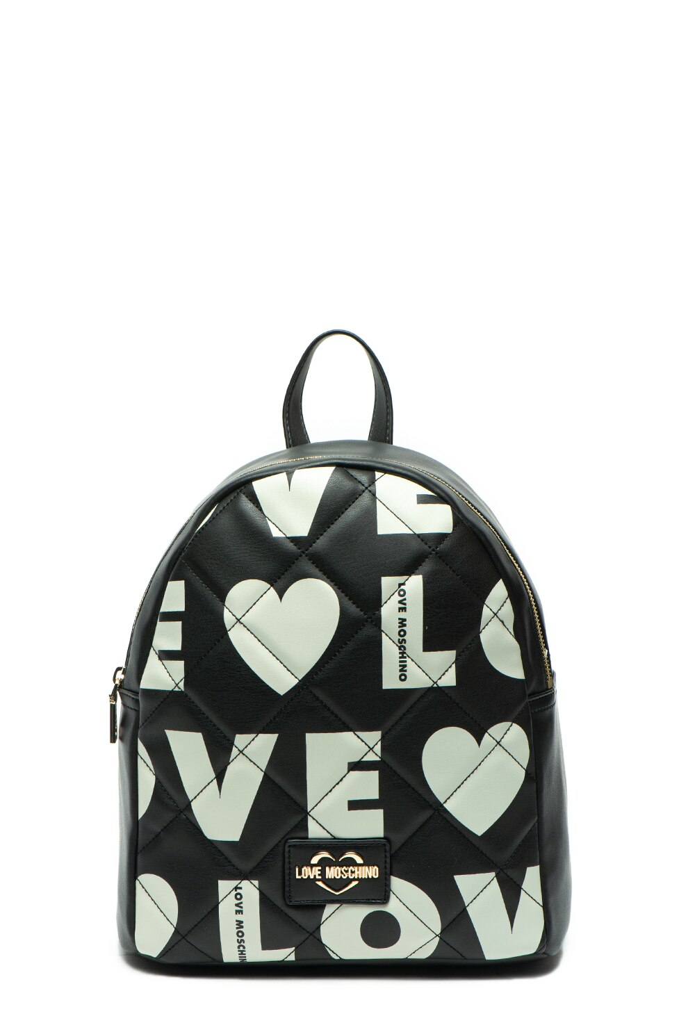 Love Moschino, Rucsac de piele ecologica, matlasat, cu imprimeu logo, Negru/Alb fildes