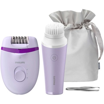 Set epilator Philips Satinelle Essential BRP533/00, Opti-Light, 2 setari de viteze, mini-perie de curatare faciala VisaPure, Penseta, Husa, Turcoaz, Mov Set epilator Philips Satinelle Essential BRP533/00, Opti-Light, 2 setari de viteze, mini-perie de curatare faciala VisaPure, Penseta, Husa, Turcoaz, Mov