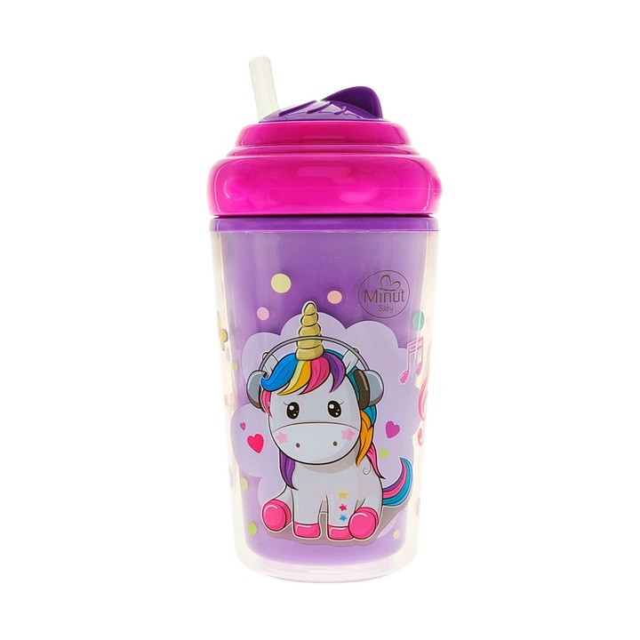 Термос със сламка, с въртящ се капак Minut Baby, 240 ml, 6+, розов