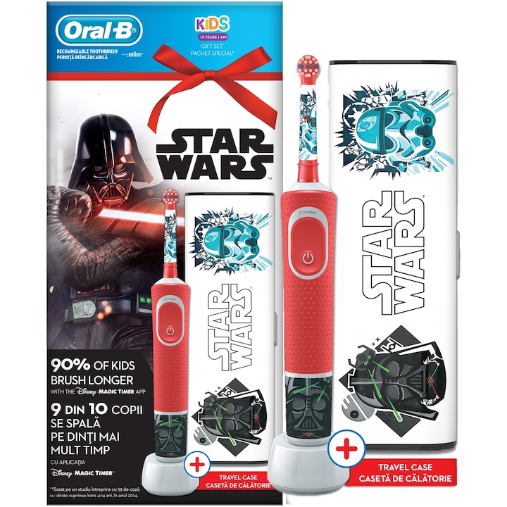 Oral-B Vitality D100 Star Wars Elektromos fogkefe gyerekeknek, 7600 oszcillálás/perc, 2D tisztítás, 2 program, 1 fej, 4 Matrica, Piros + Utazótok