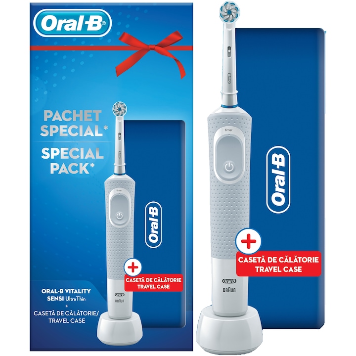 Oral-B Vitality D100 Sensi Ultra Thin Elektromos fogkefe, 7600 oszcillálás/perc, 2D tisztítás, 1 program, 1 fej, Fehér + Utazótok