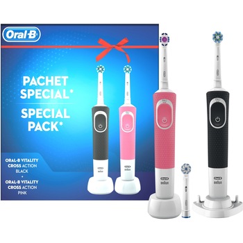 Set 2 x Periuta de dinti electrica adulti Oral-B Vitality D100, 3 capete, Roz/Negru Set 2 x Periuta de dinti electrica adulti Oral-B Vitality D100, 3 capete, Roz/Negru
