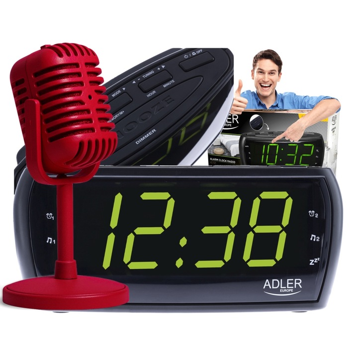 Ceas Desteptator Radio, Adler, AD1121, Ecran LED Mare 160x52 Mm, Cifre Iluminate 48 mm, Tuner AM/FM, Programare Automata Statii, Functie Alarma, Snooze, Afisare Ora Si Data, Design Modern