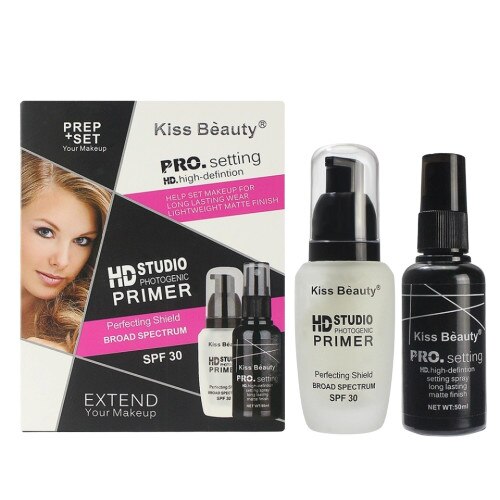 Set primer machiaj, Kiss Beauty, PRO Setting HD ,baza machiaj, spray fixare, SPF30