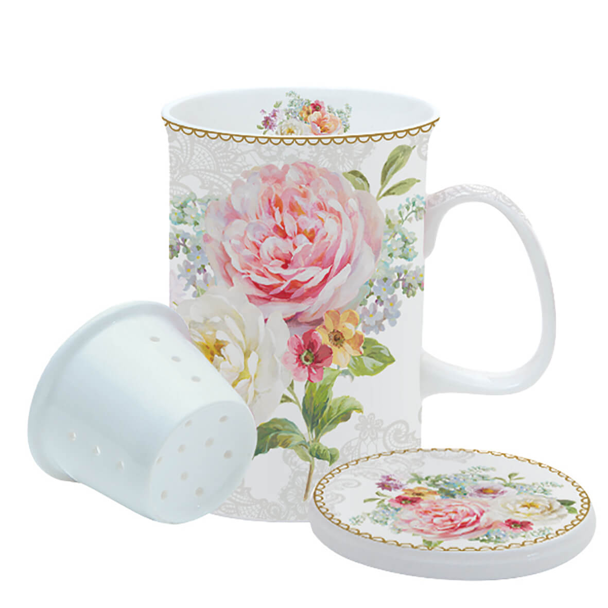 Set cana cu capac / coaster - Romantic lace, Portelan, 300 ml