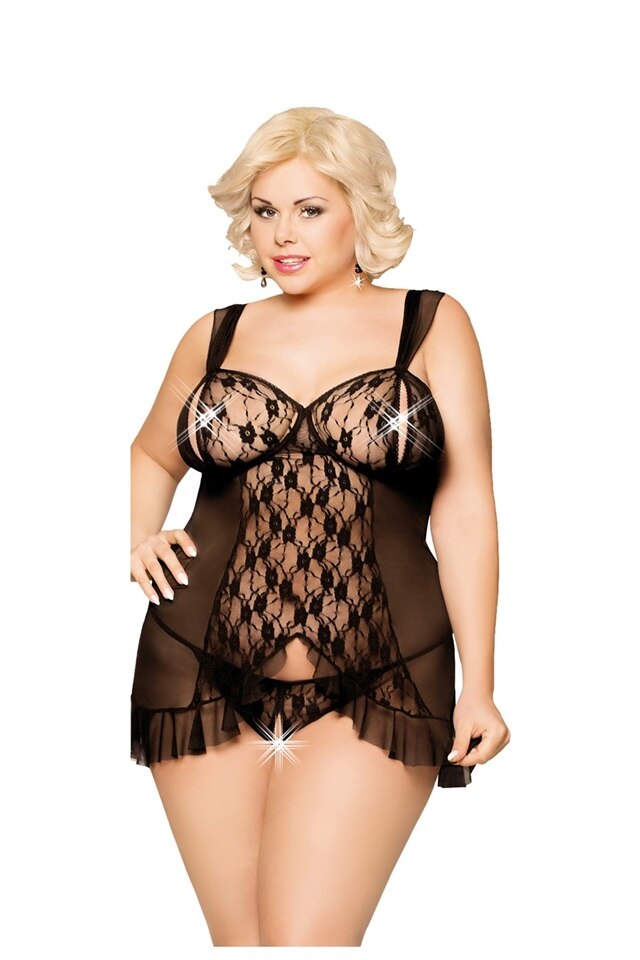 Set 2 piese, Softline, Bianca 1818, Babydoll si G-String, tul elastic si insertii din dantela, negru