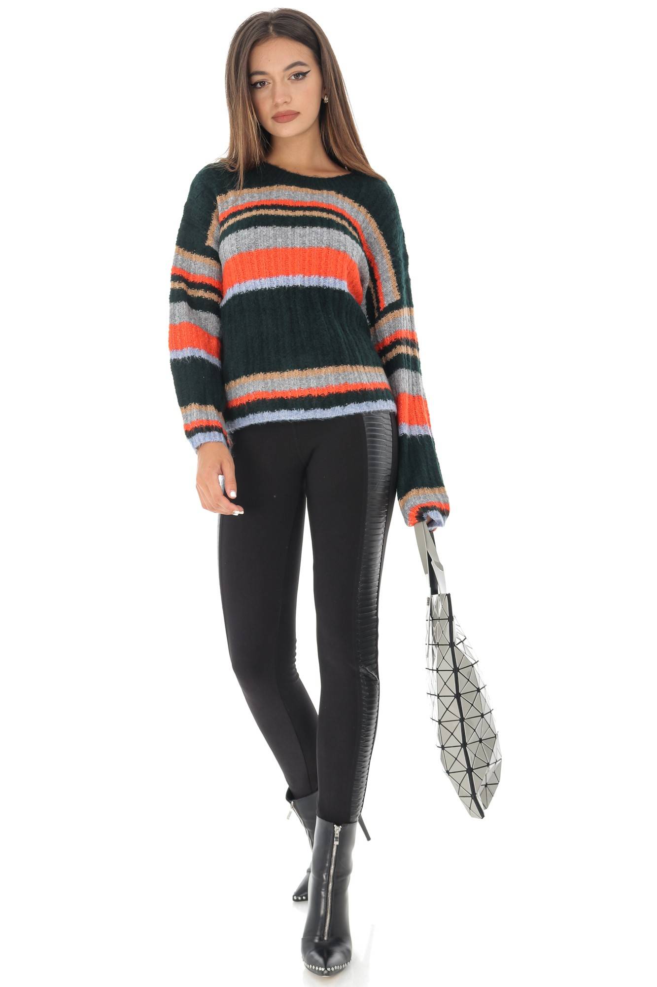 Pulover de dama, verde, ROH, cu dungi in contrast , M