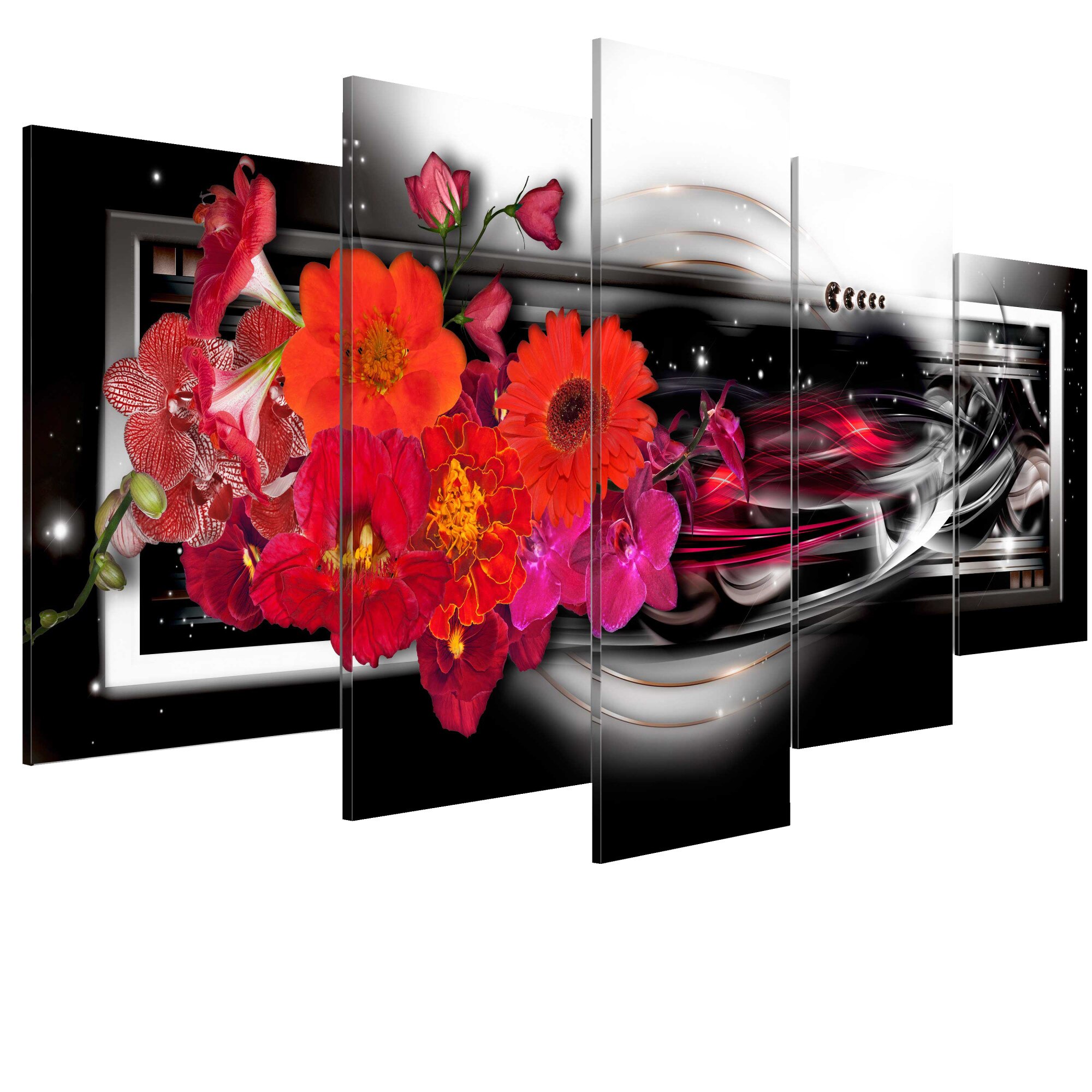 Tablou canvas 5 piese - Gerberas pe fond negru - 100 x 50 cm