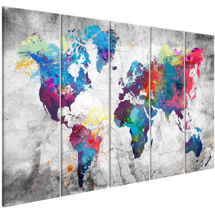Artgeist vászonfestmény, 5 részes, Világtérkép kiömlött festék minta, 225 x 90 cm