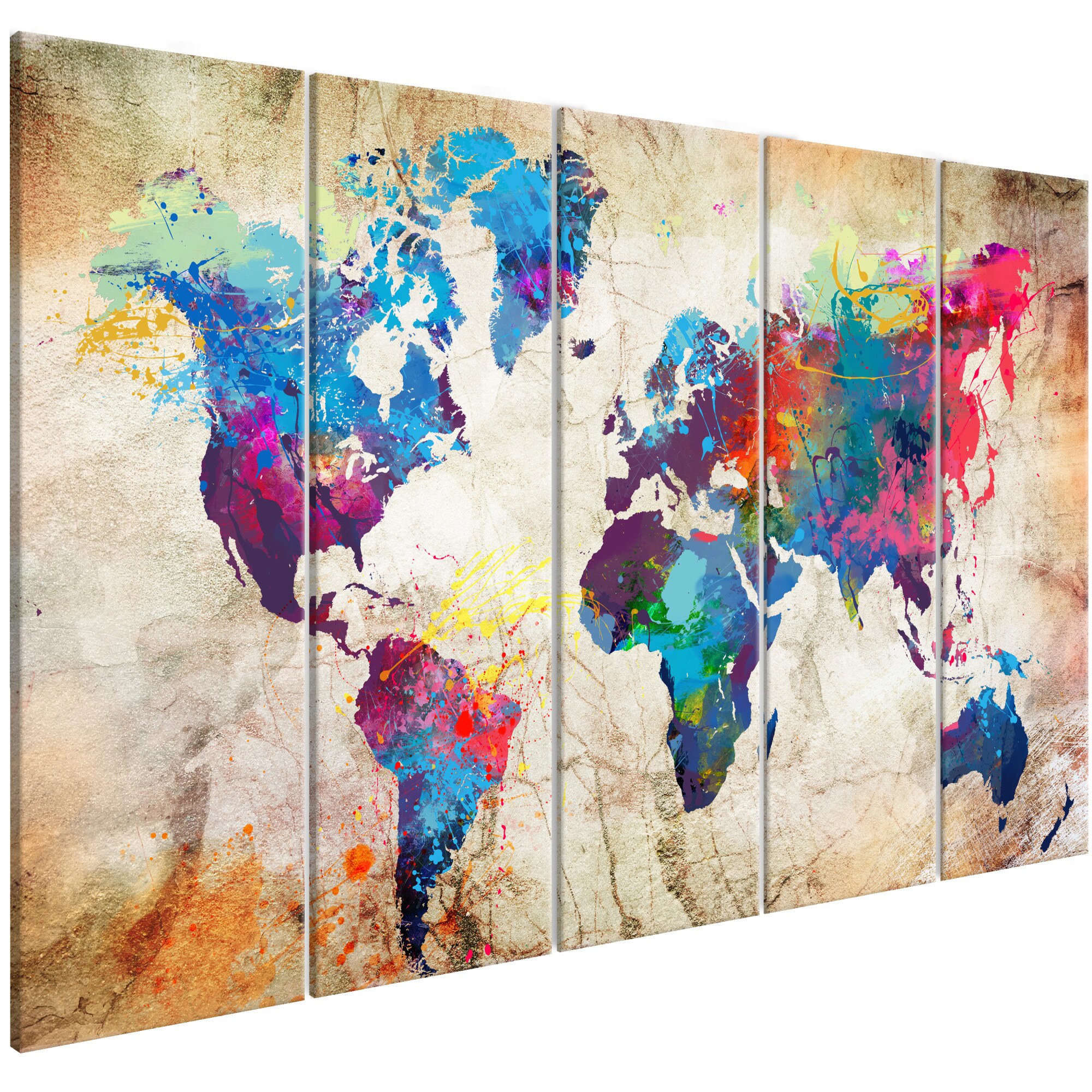 Tablou canvas 5 piese - Harta Mondiala blocuri de cerneala colorate - 225 x 90 cm