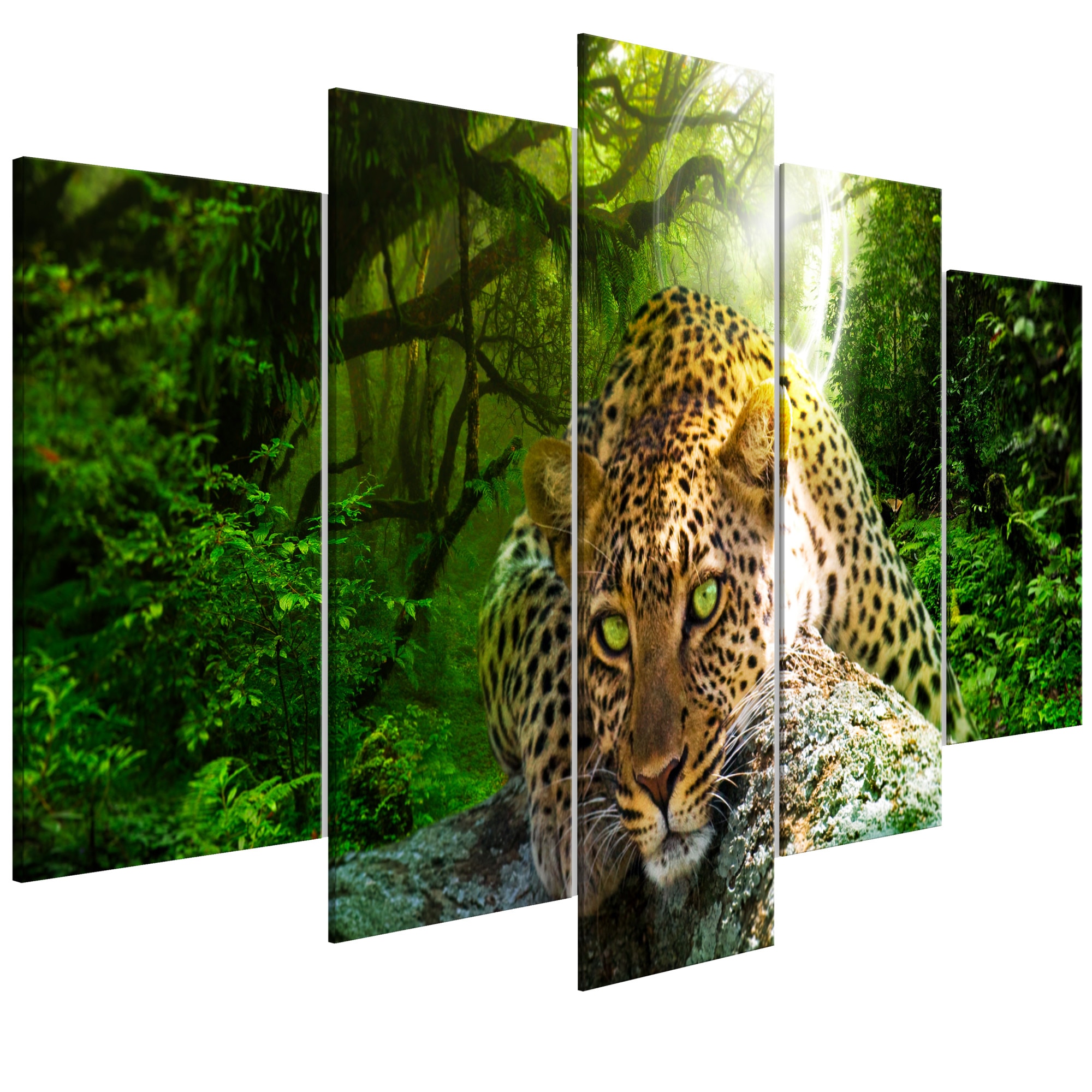 Tablou canvas 5 piese - Leopard Lying Wide Green - 100 x 50 cm