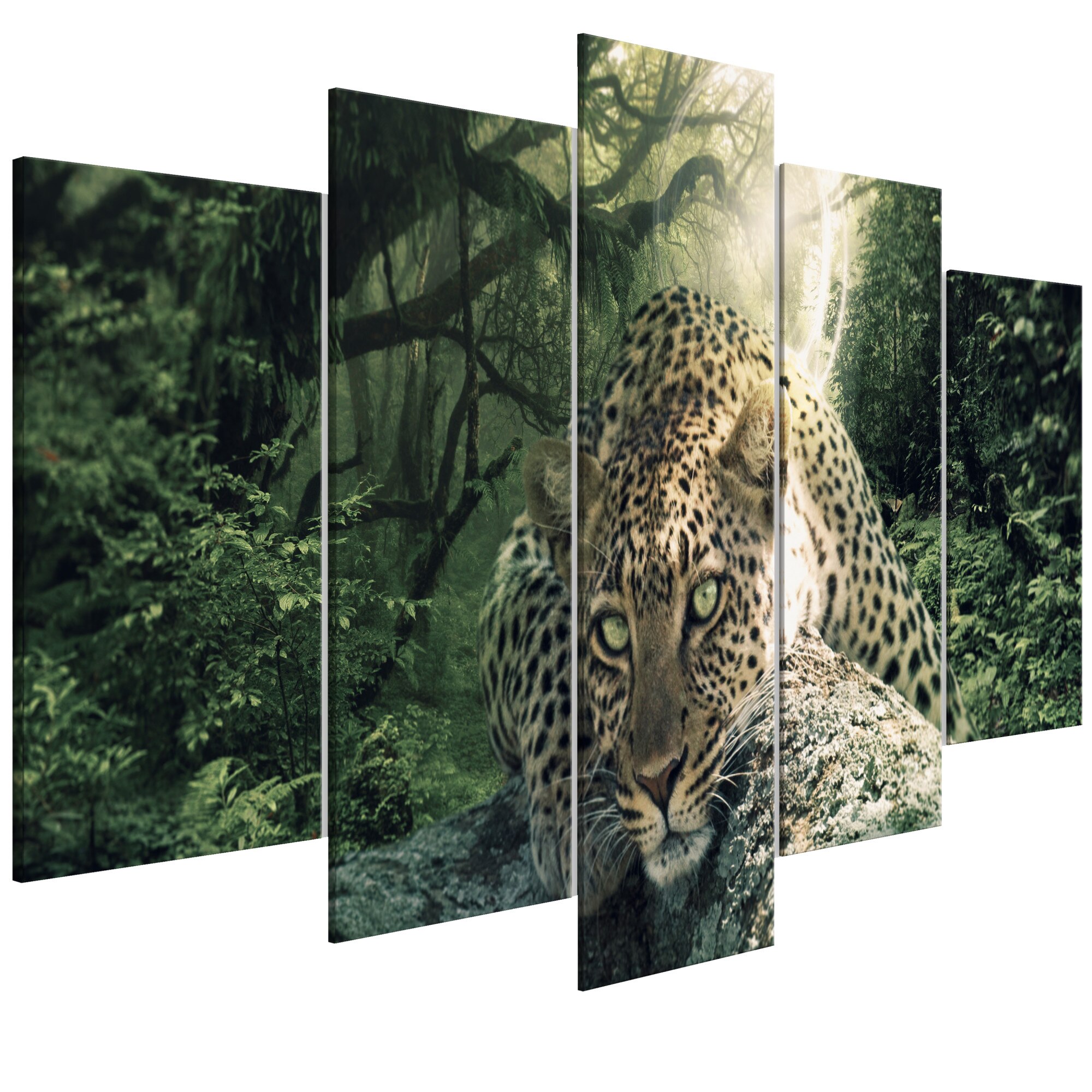 Tablou canvas 5 piese - Leopard Lying Wide Green Pale - 100 x 50 cm