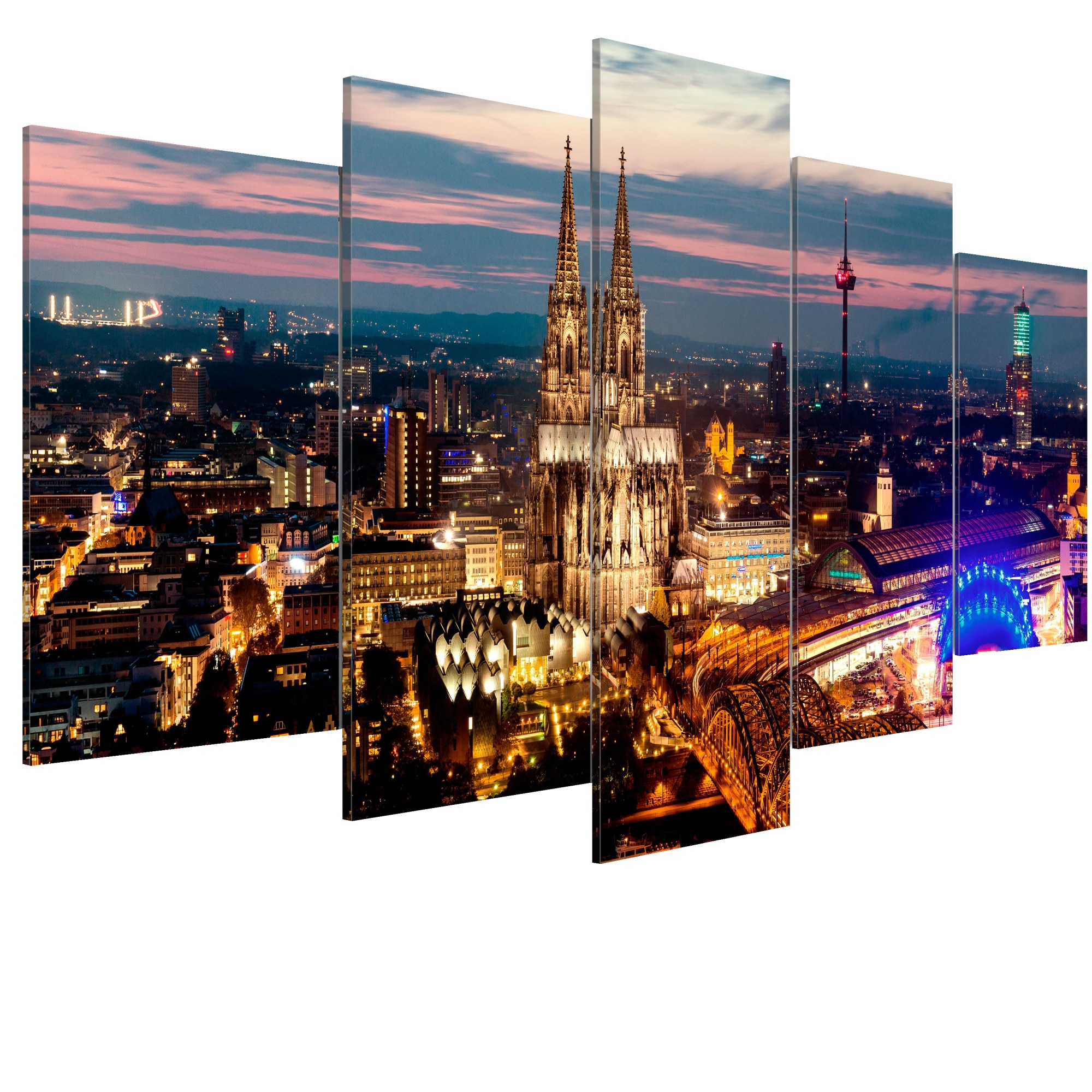 Tablou canvas 5 piese - Koeln Panorama de noapte - 100 x 50 cm