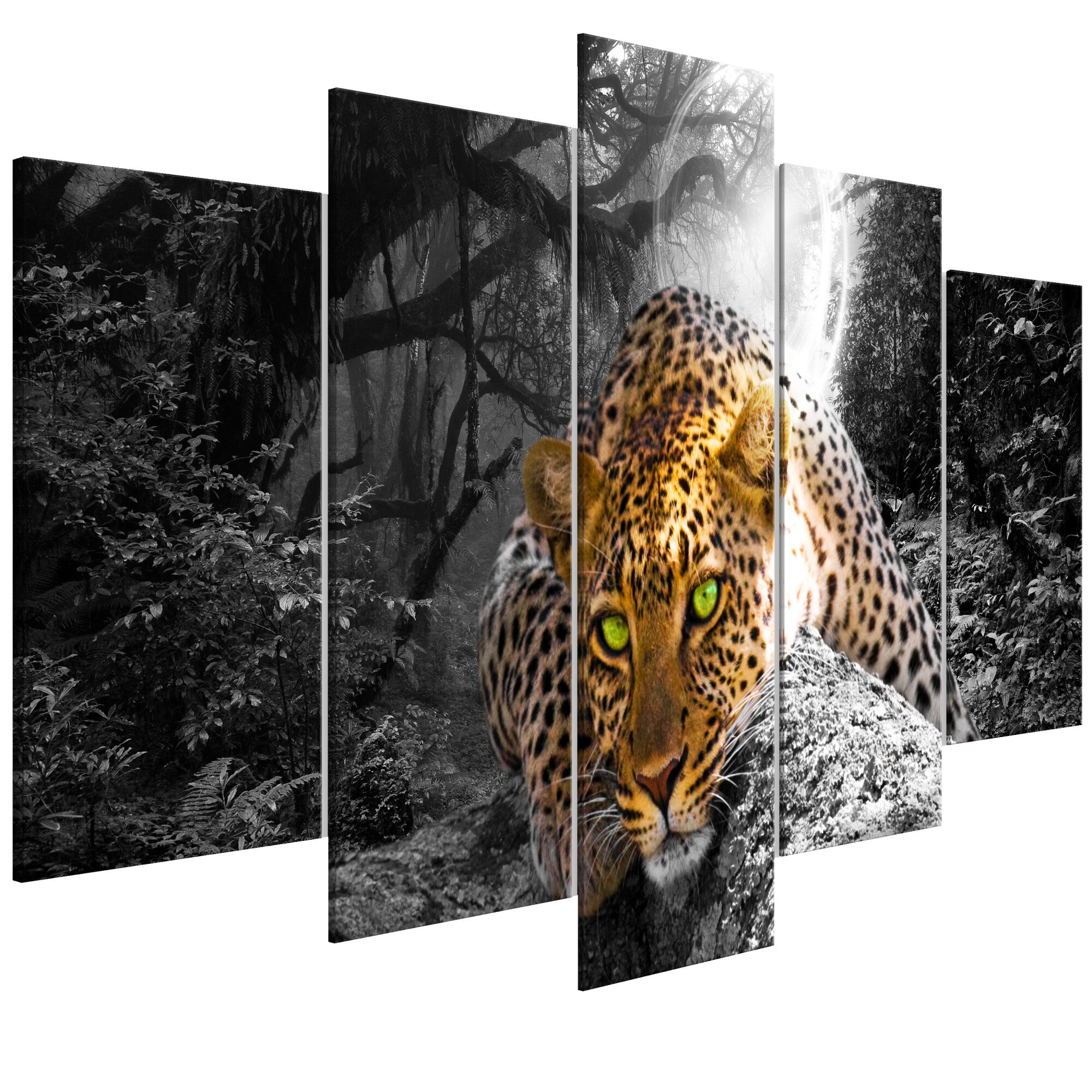 Tablou canvas 5 piese - Leopard Lying Wide Gray - 200 x 100 cm