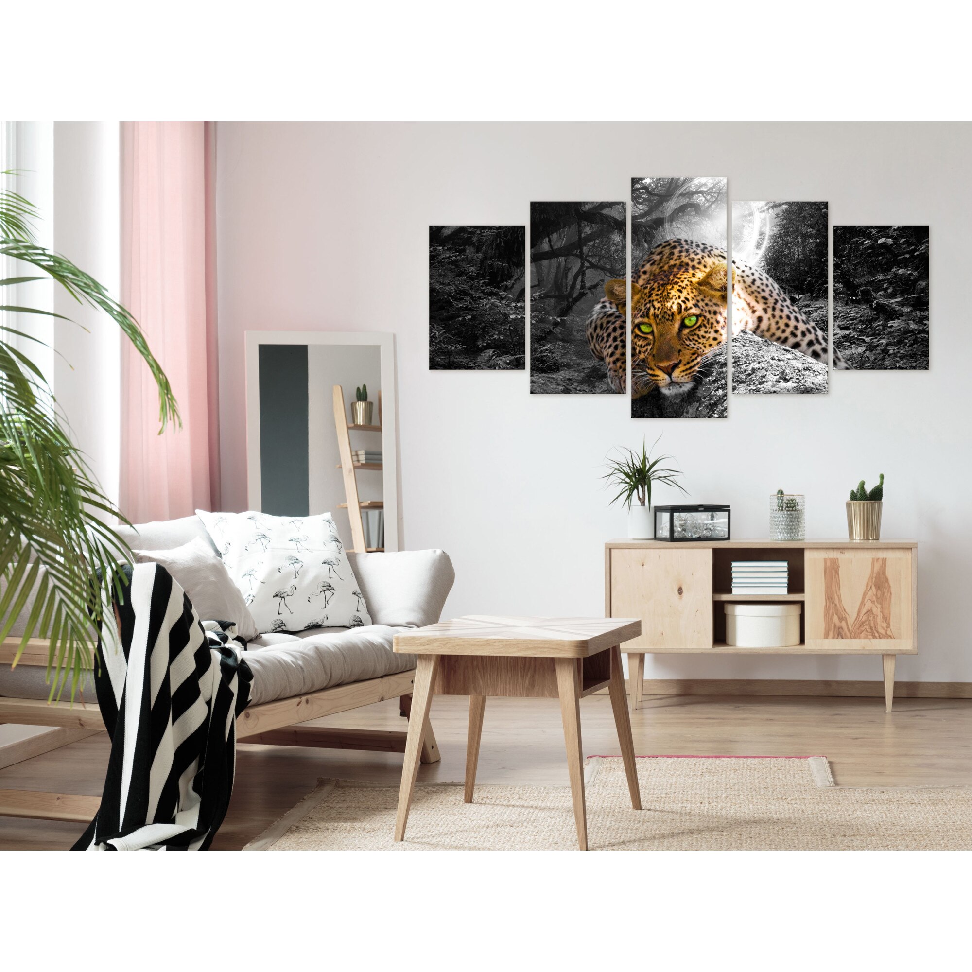 Tablou canvas 5 piese - Leopard Lying Wide Gray - 100 x 50 cm