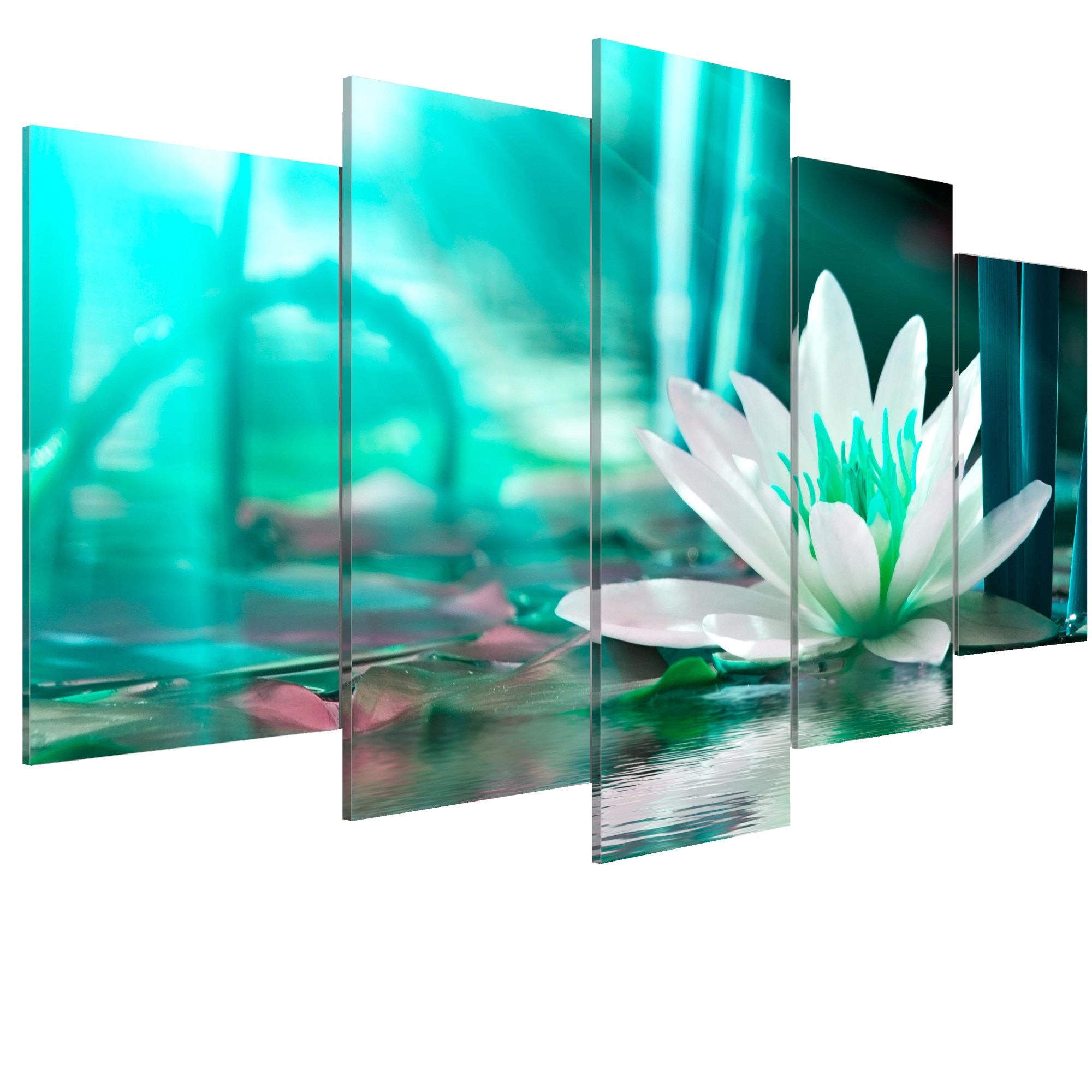 Tablou canvas 5 piese - Lotus turcoaz - 200 x 100 cm
