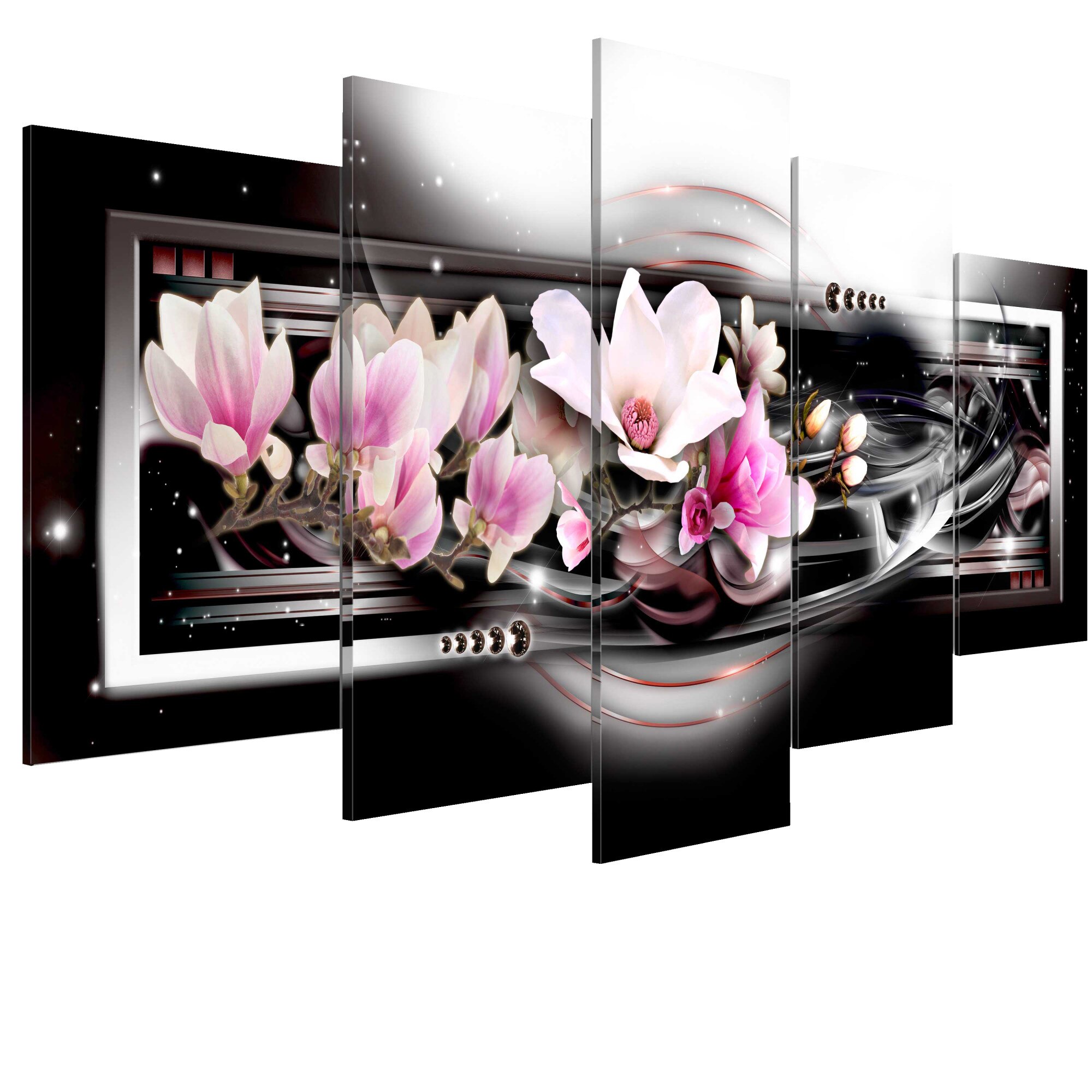 Tablou canvas 5 piese - Magnolii pe fond negru - 100 x 50 cm
