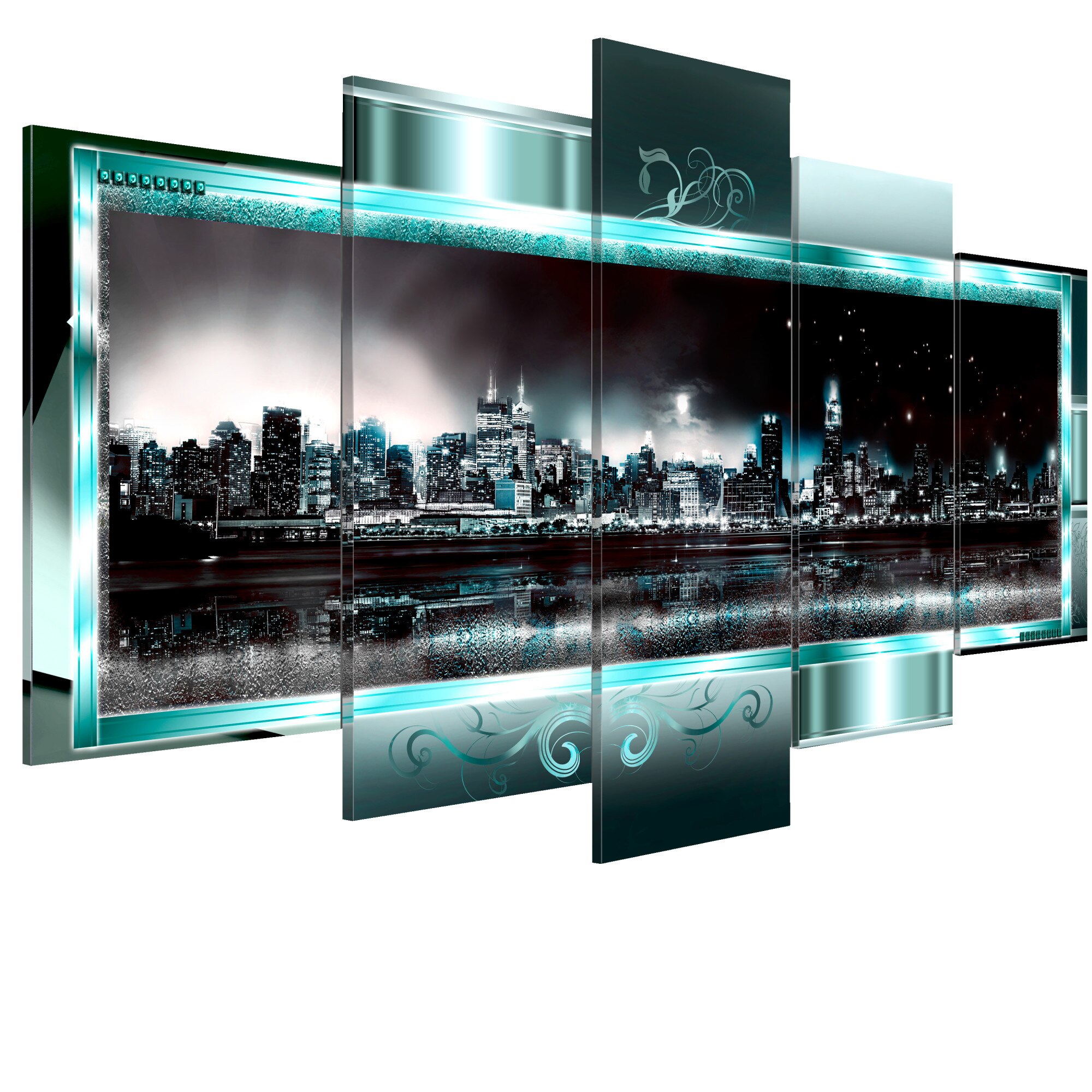Tablou canvas 5 piese - New York Turquoise Noaptea Instelata - 200 x 100 cm