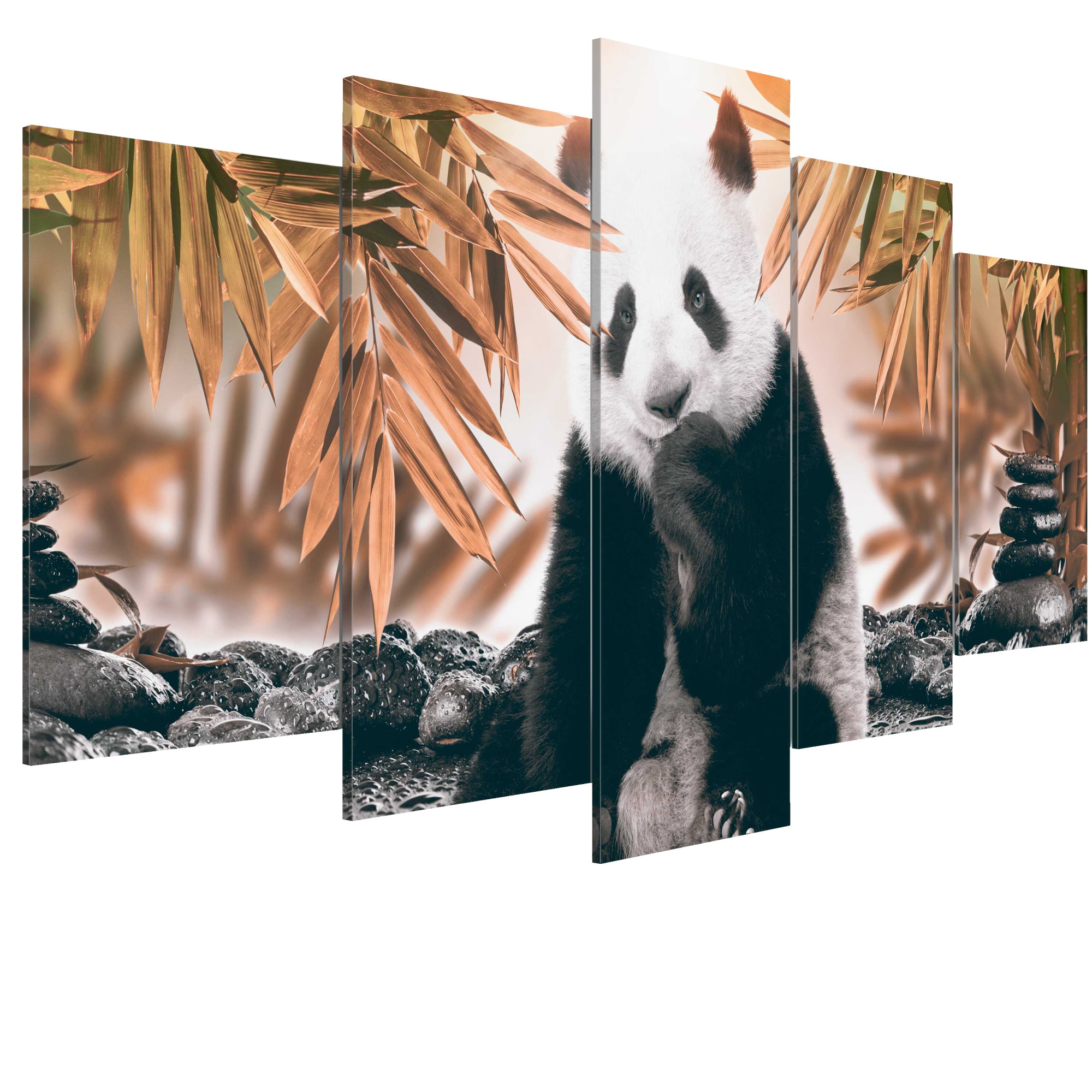 Tablou canvas 5 piese - Panda ganditoare - 200 x 100 cm