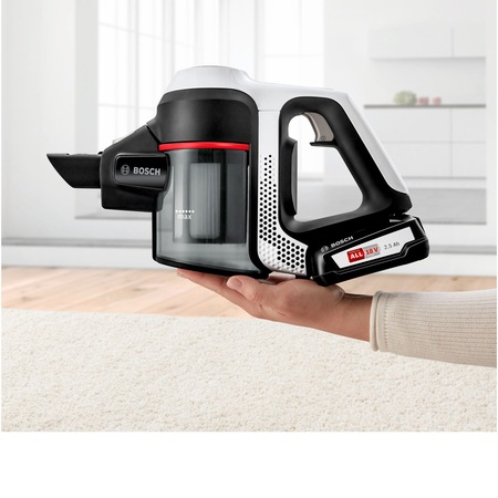 Aspirator vertical Bosch Unlimited BCS61113, 18 V, Acumulator extern 2.5 Ah, Perie AllFloor , Filtru igenic,Volum recipient XL, Alb/Negru