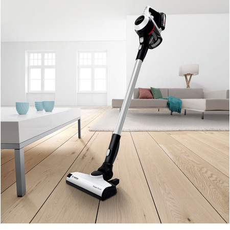 Aspirator vertical Bosch Unlimited BCS61113, 18 V, Acumulator extern 2.5 Ah, Perie AllFloor , Filtru igenic,Volum recipient XL, Alb/Negru