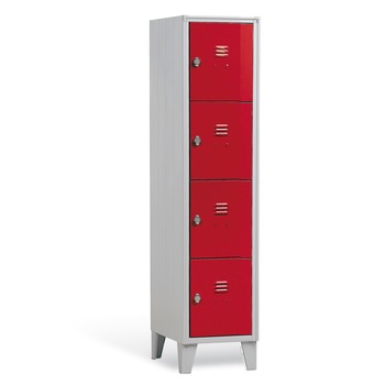 Dulap Vestiar metalic cu picioare si 4 compartimente 170/04, 350x500x1800 mm (LxlxH), usi color rosii Dulap Vestiar metalic cu picioare si 4 compartimente 170/04, 350x500x1800 mm (LxlxH), usi color rosii