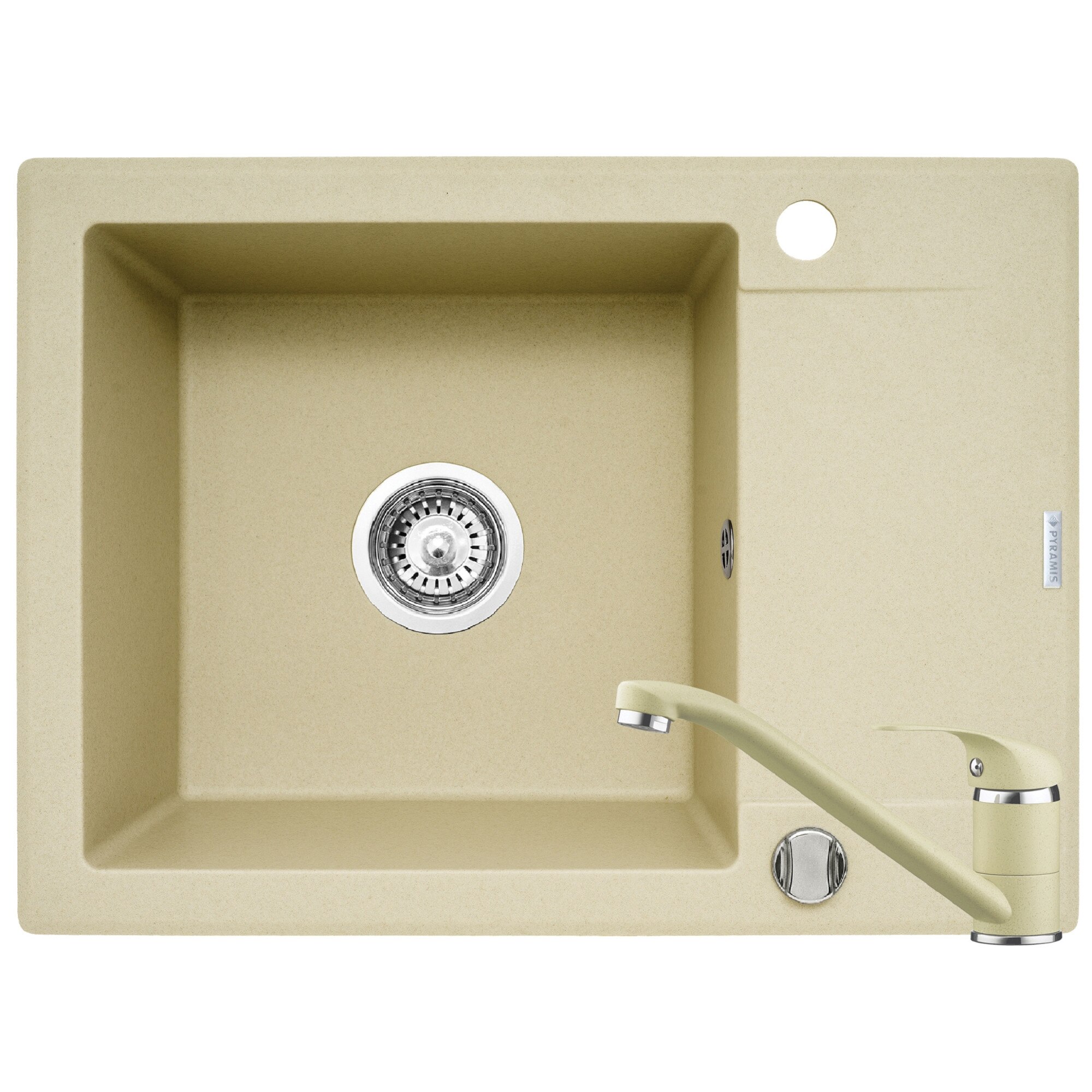 Set chiuveta si baterie Pyramis MINI SMART, 1 cuva, 1 picurator, reversibila, dimensiune 620x460mm, adancime 185mm, Pyragranite wanilia