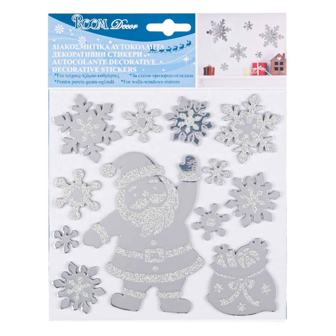 Stickere decorative cu Mos Craciun si fulgi argintii, 18 x 23 cm