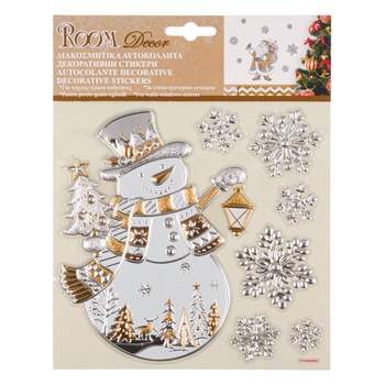 Sticker decorativ de Craciun cu fulgi si om de zapada, 18 x 23 cm Sticker decorativ de Craciun cu fulgi si om de zapada, 18 x 23 cm