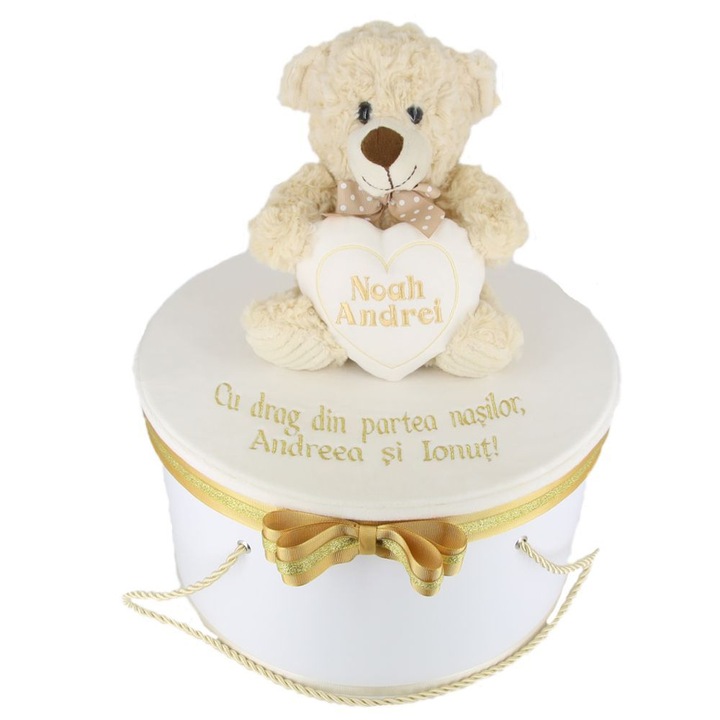 Cutie trusou botez rotunda personalizata, baieti, plush ursulet, dedicatie nasi, ivoire/auriu, 35x35x20 cm