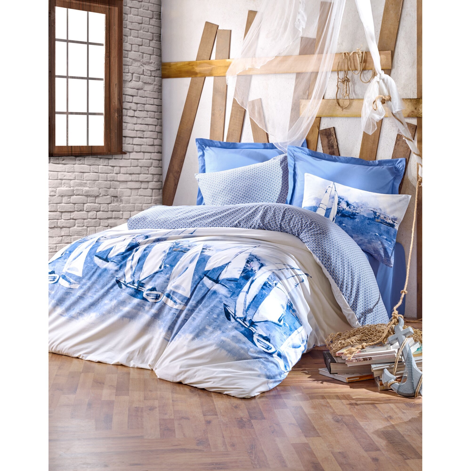Lenjerie de pat 2 persoane, Cotton Box, Maritime Pusla, Albastru