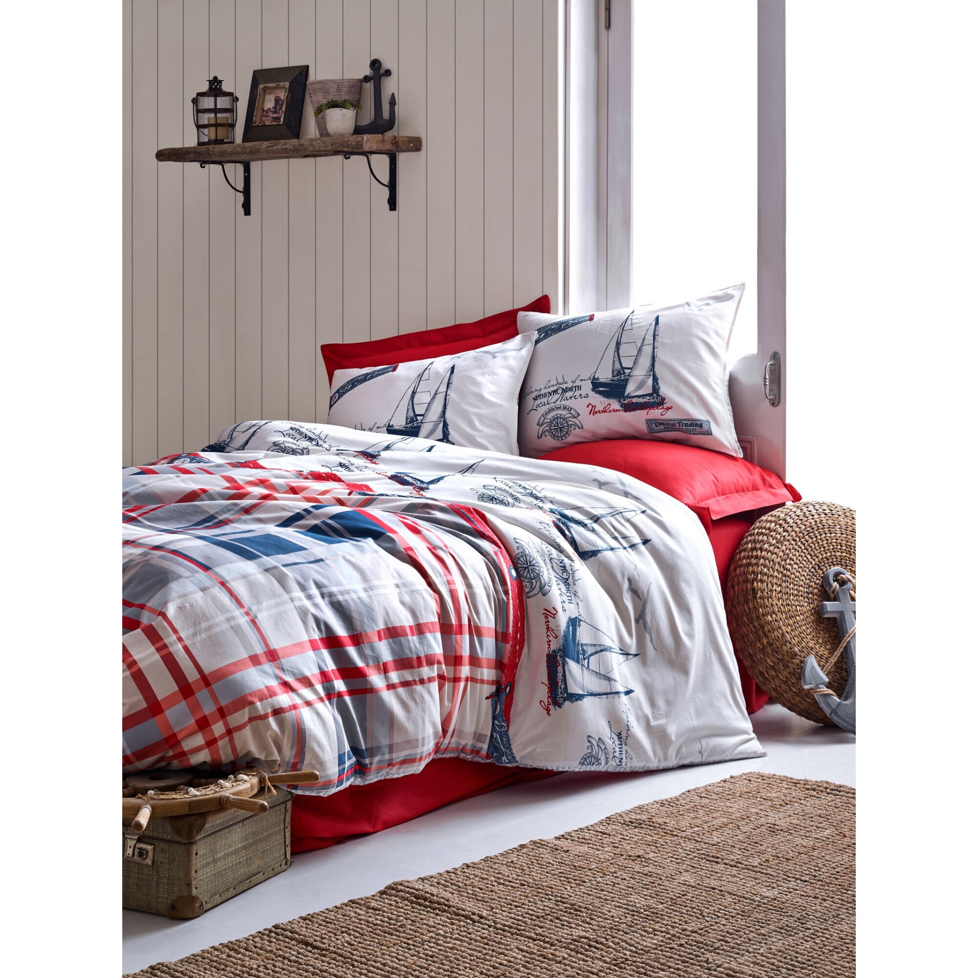 Lenjerie de pat 2 persoane, Cotton Box, Maritime Alesta, Rosu