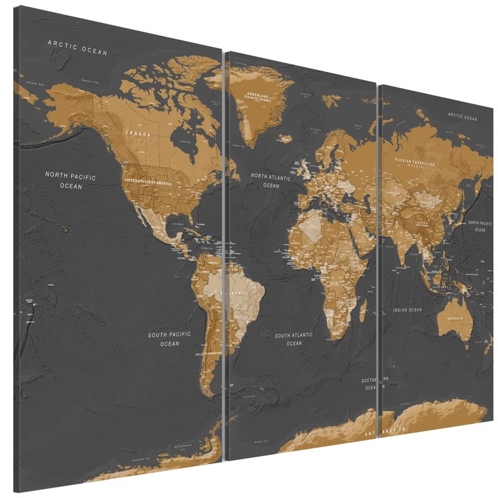 Tablou canvas 3 piese - Harta Mondiala Estetica moderna - 120 x 80 cm