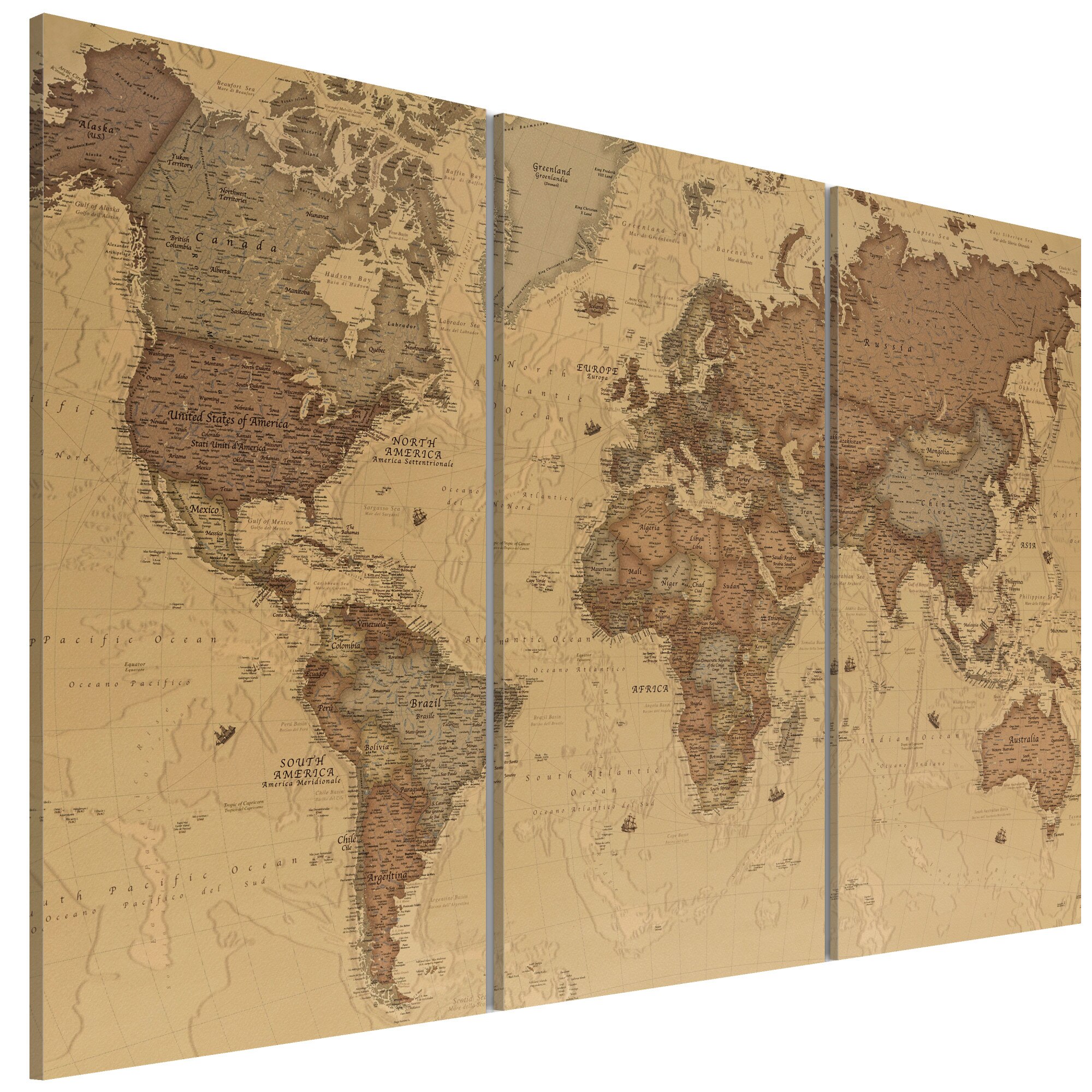 Tablou canvas 3 piese - Harta Mondiala eleganta - 90 x 60 cm