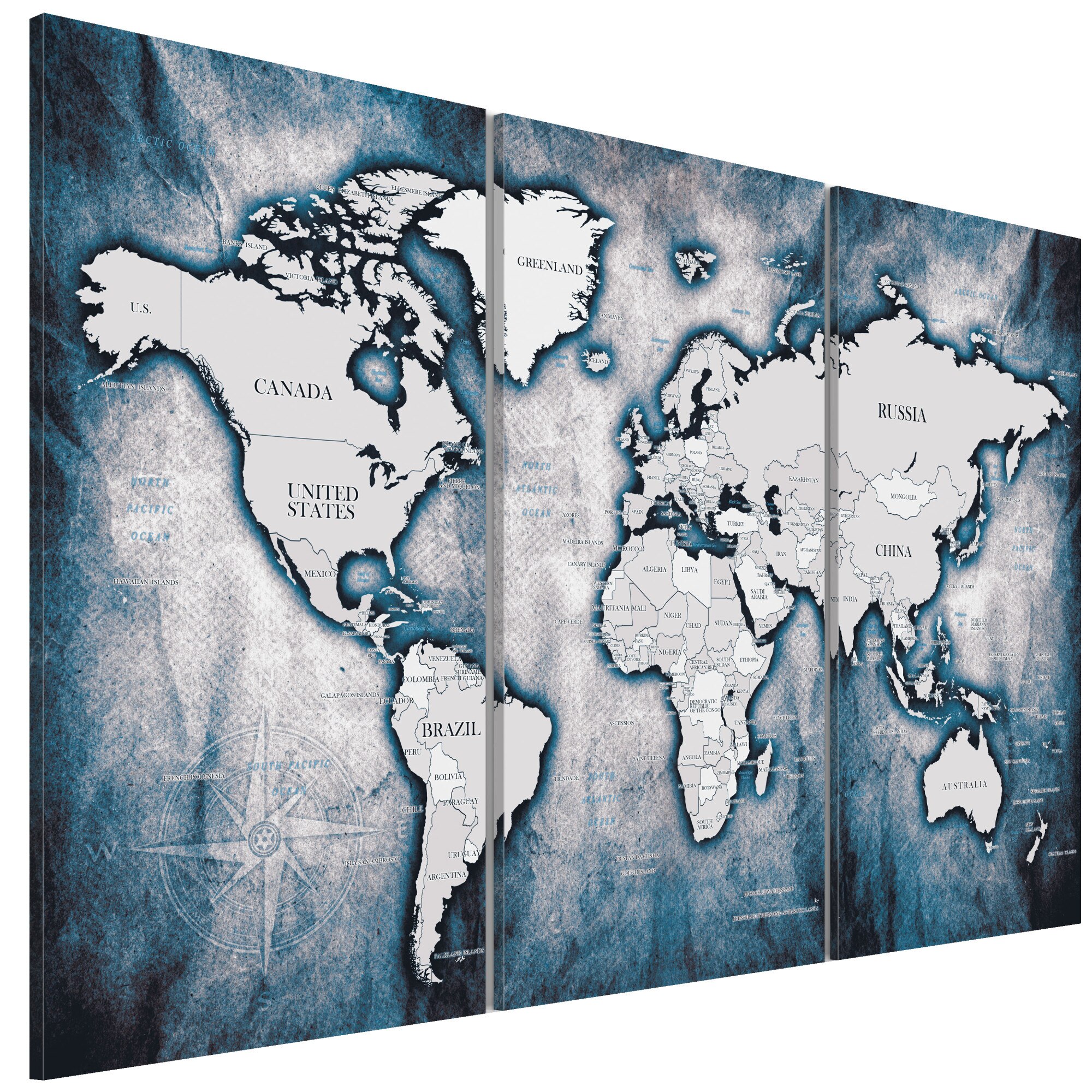 Tablou canvas 3 piese - Harta Mondiala Triptic de cerneala - 90 x 60 cm