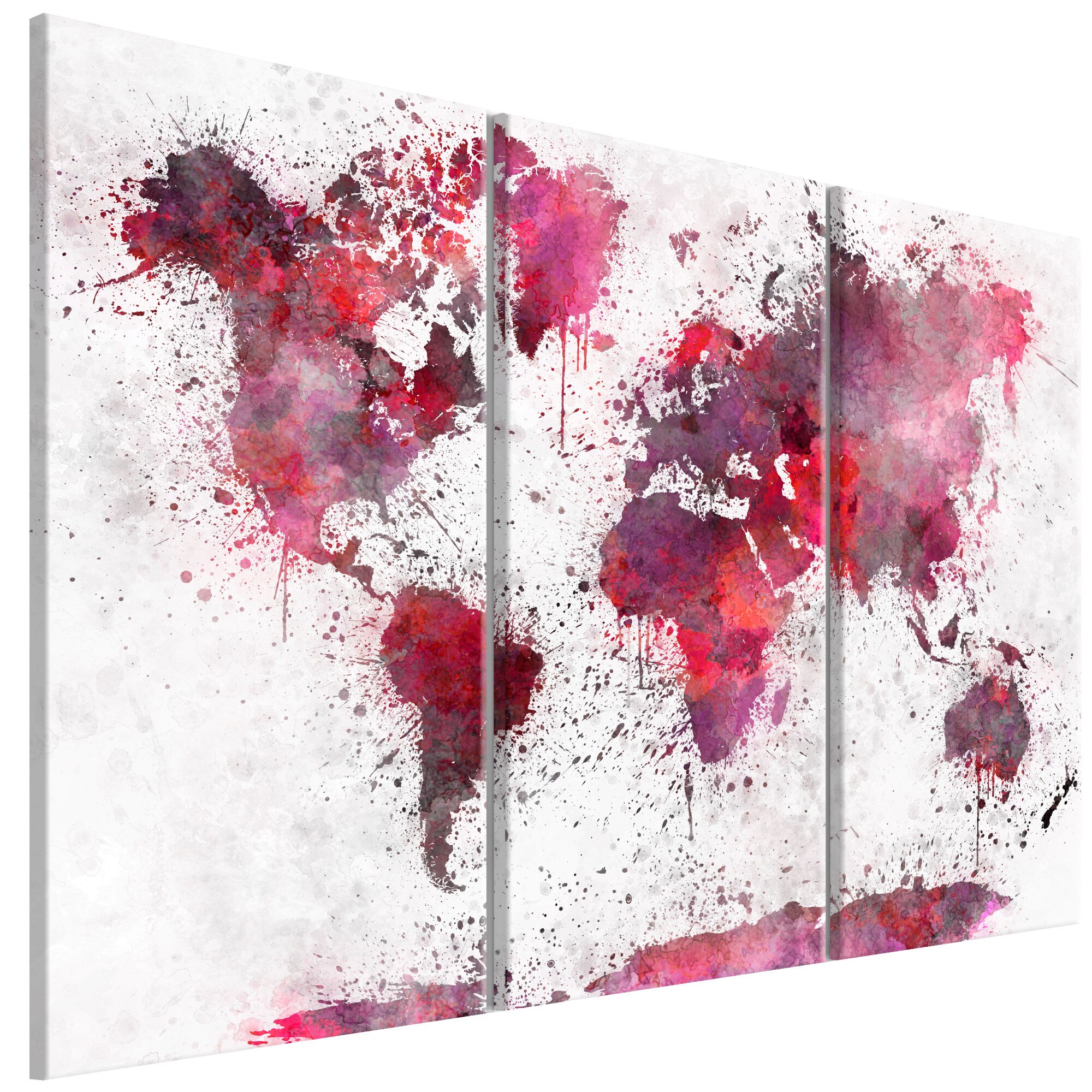 Tablou canvas 3 piese - Harta Mondiala acuarele roSii - 120 x 80 cm