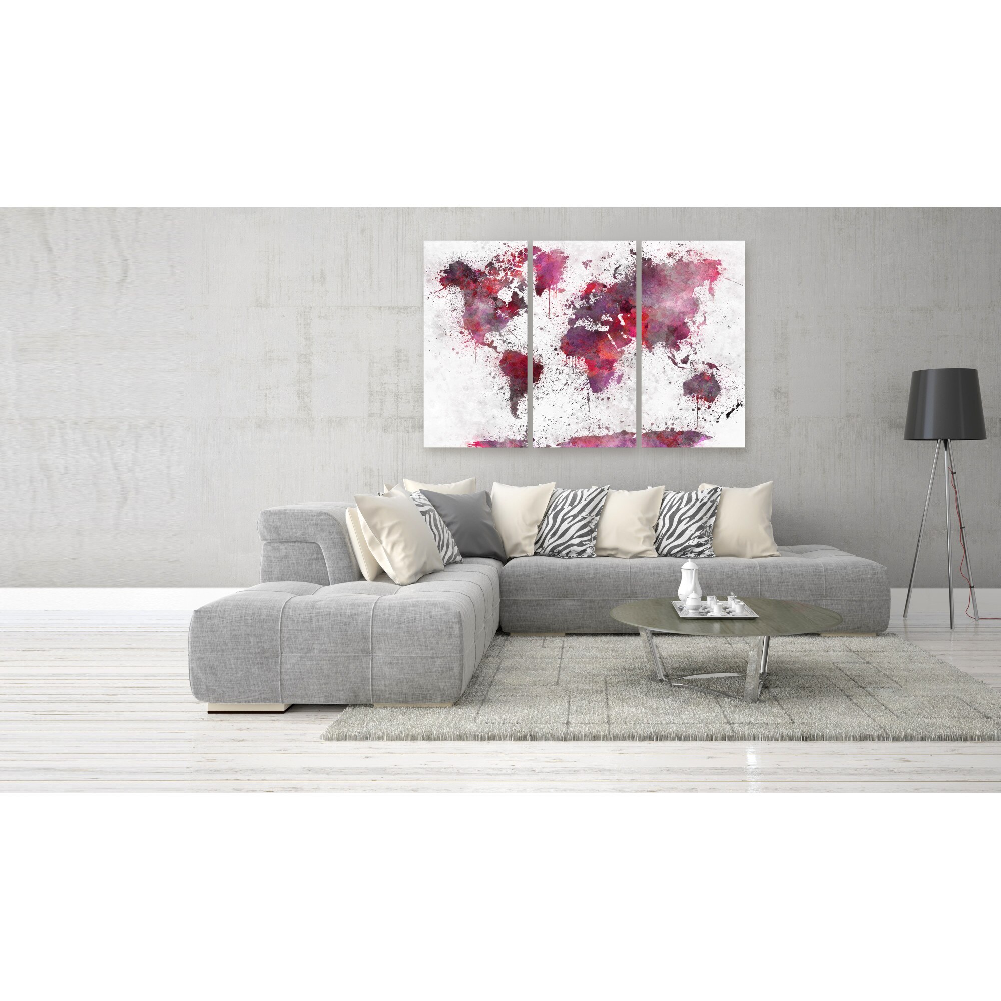 Tablou canvas 3 piese - Harta Mondiala acuarele rosii - 90 x 60 cm