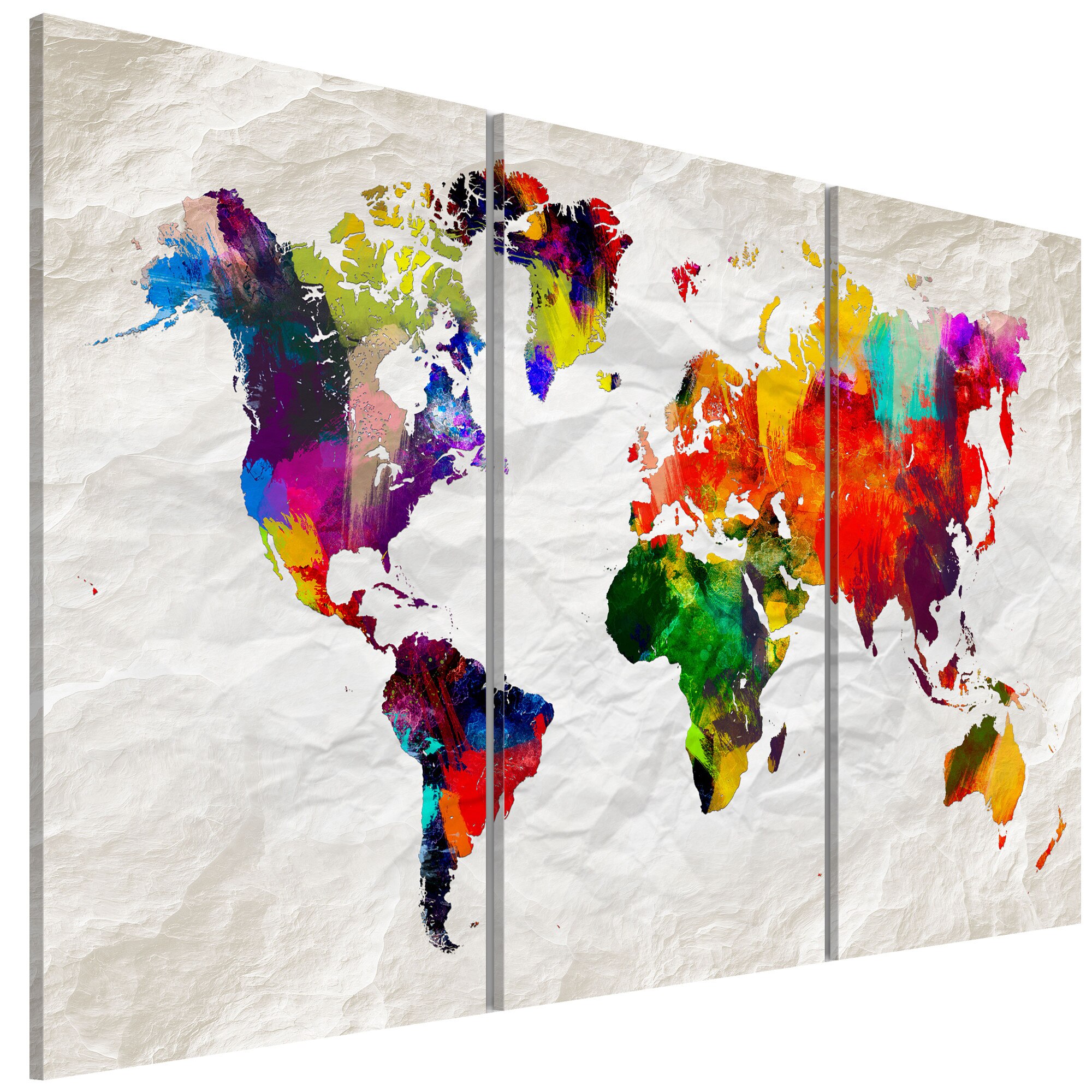 Tablou canvas 3 piese - Harta Mondiala Rainbow Madness II - 90 x 60 cm