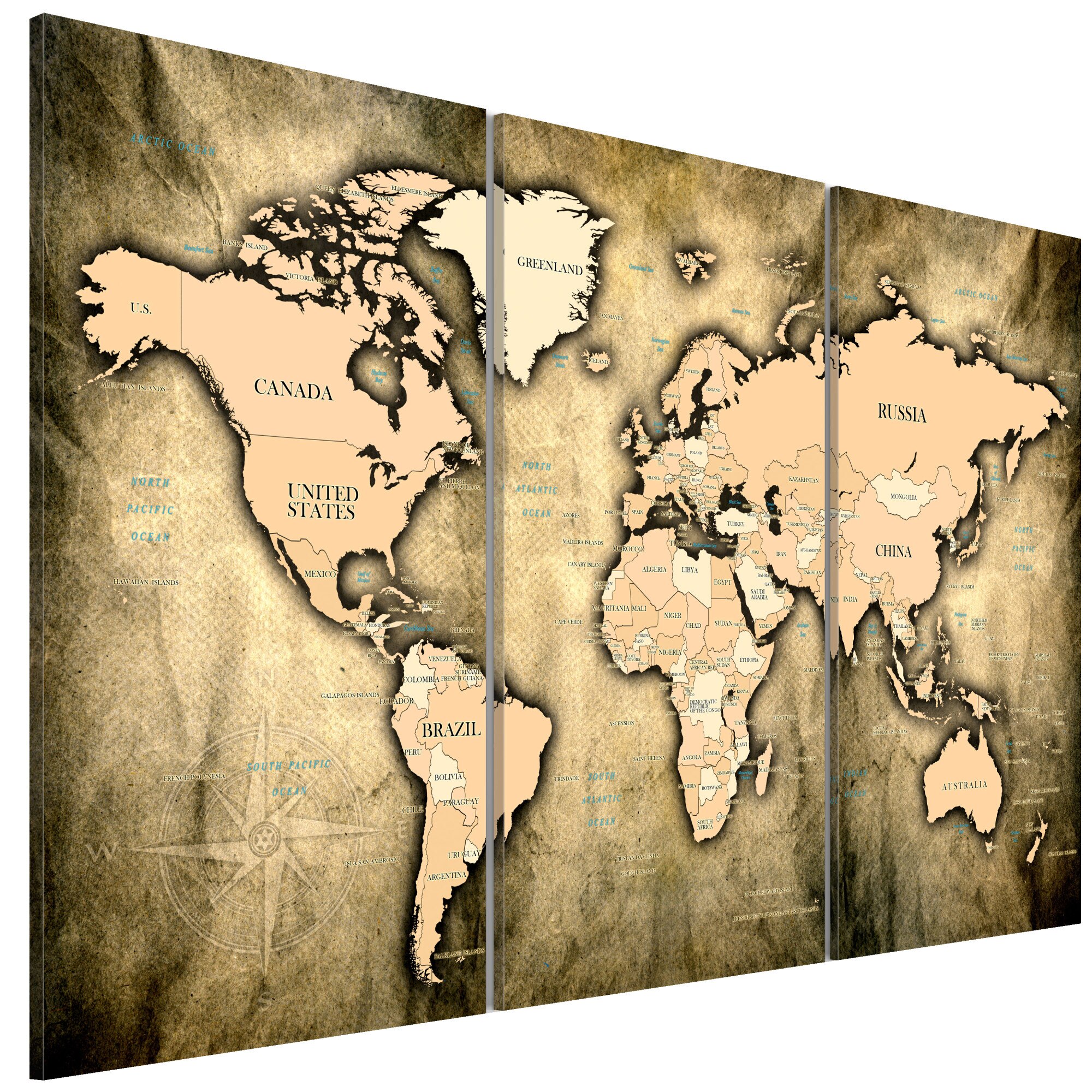 Tablou canvas 3 piese - Harta Mondiala Nisipurile Timpului - 90 x 60 cm