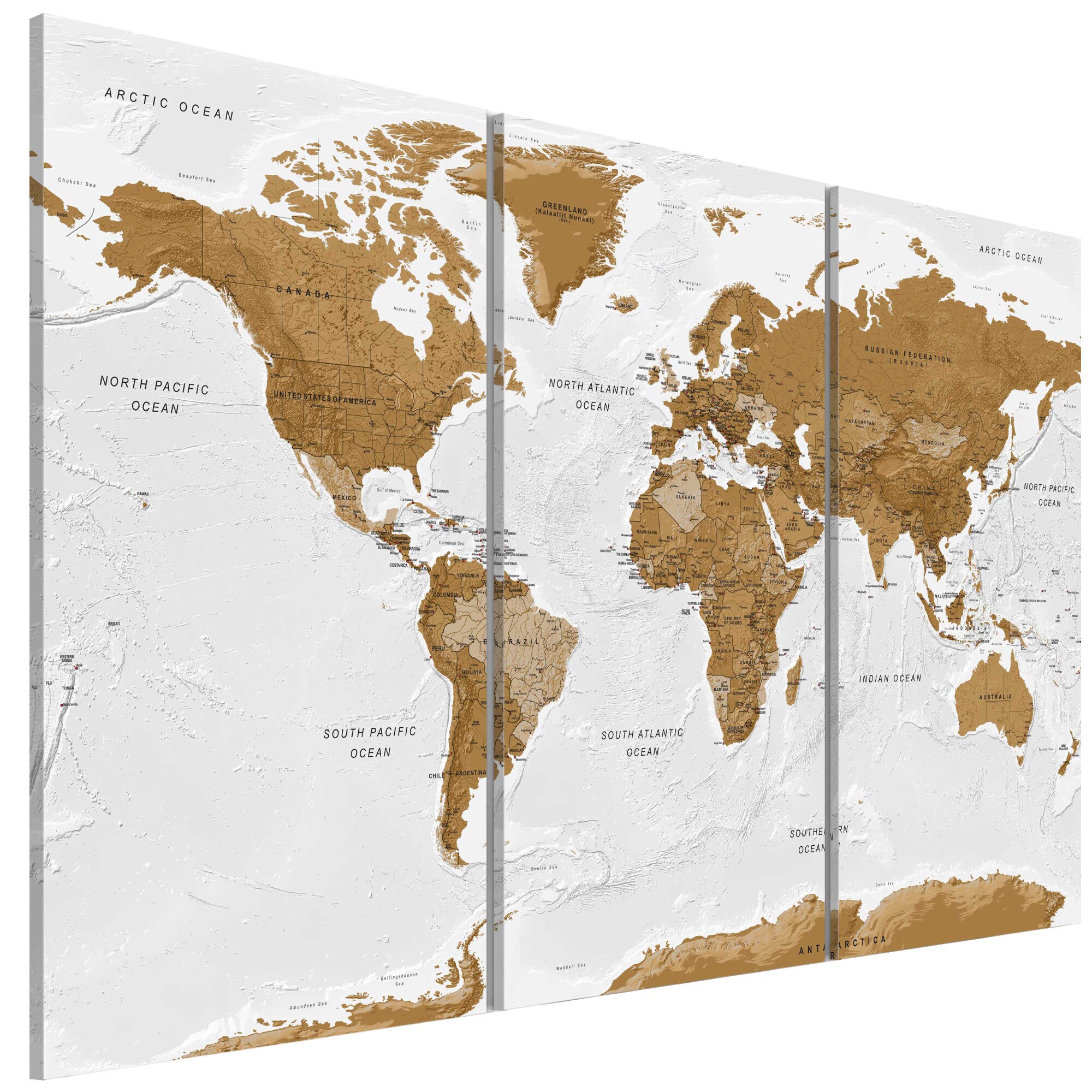 Tablou canvas 3 piese - Harta Mondiala Poezie Alba - 90 x 60 cm