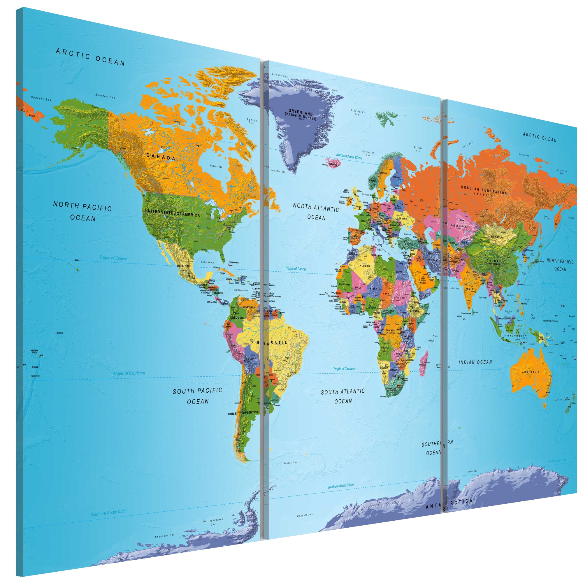 Tablou canvas 3 piese - Harta Mondiala Nota colorata - 90 x 60 cm