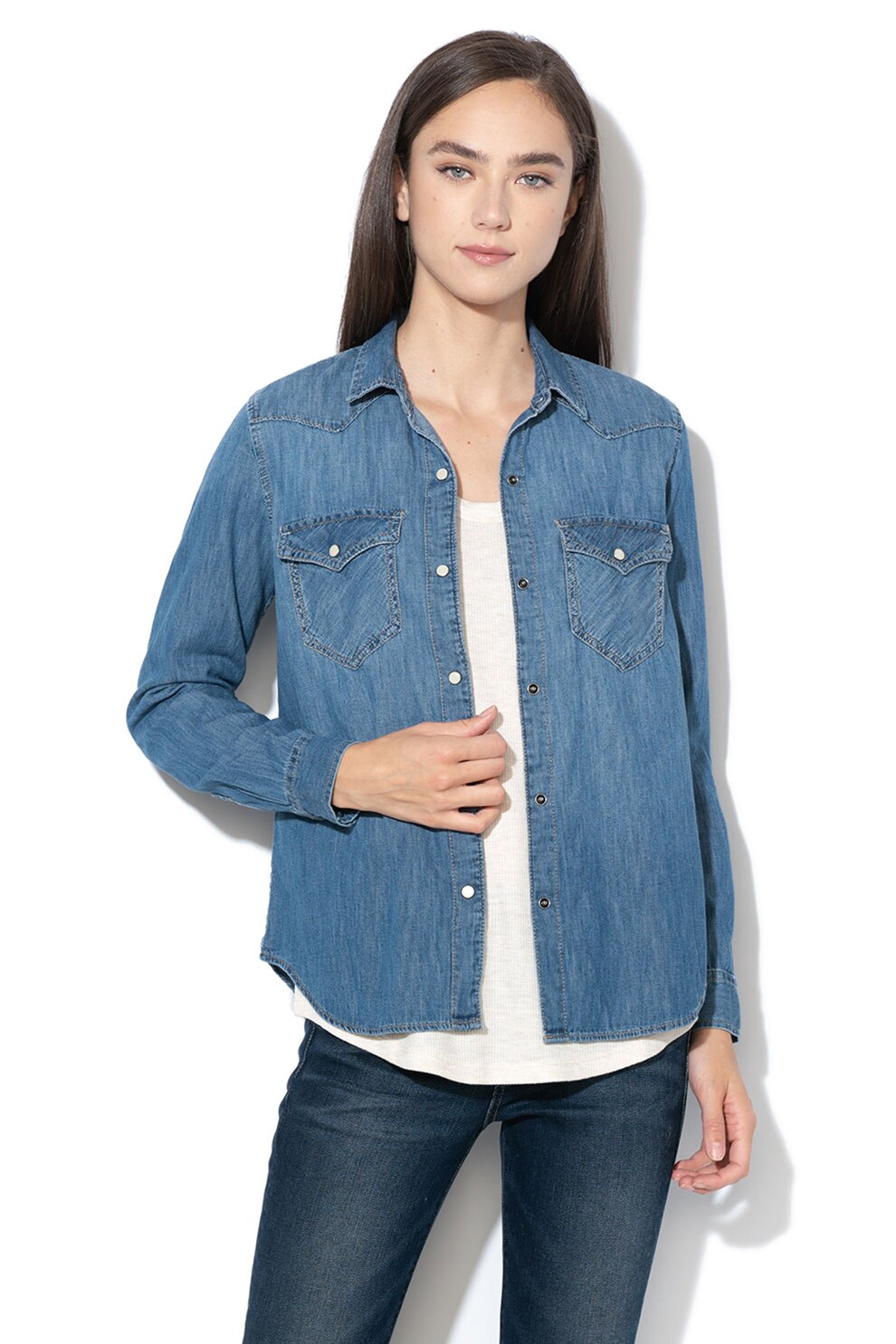 GAP, Camasa din chambray cu buzunare cu clapa, Albastru