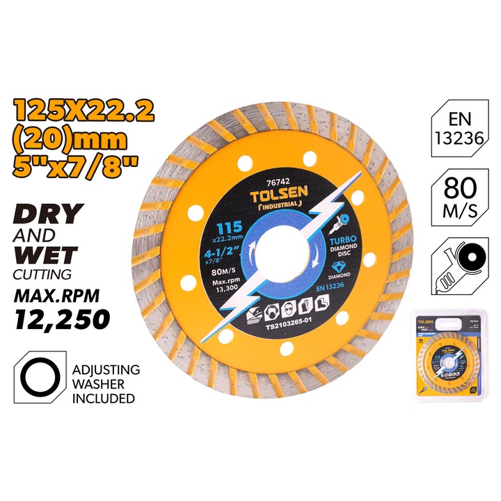 Disc taiere diamantat TOLSEN 125x22.2 mm, Lama 10 mm, Max RPM 12.250, Design turbo, Taiere rapida si precisa, Uz industrial, Disc taiere diamantat TOLSEN 125x22.2 mm, Lama 10 mm, Max RPM 12.250, Design turbo, Taiere rapida si precisa, Uz industrial