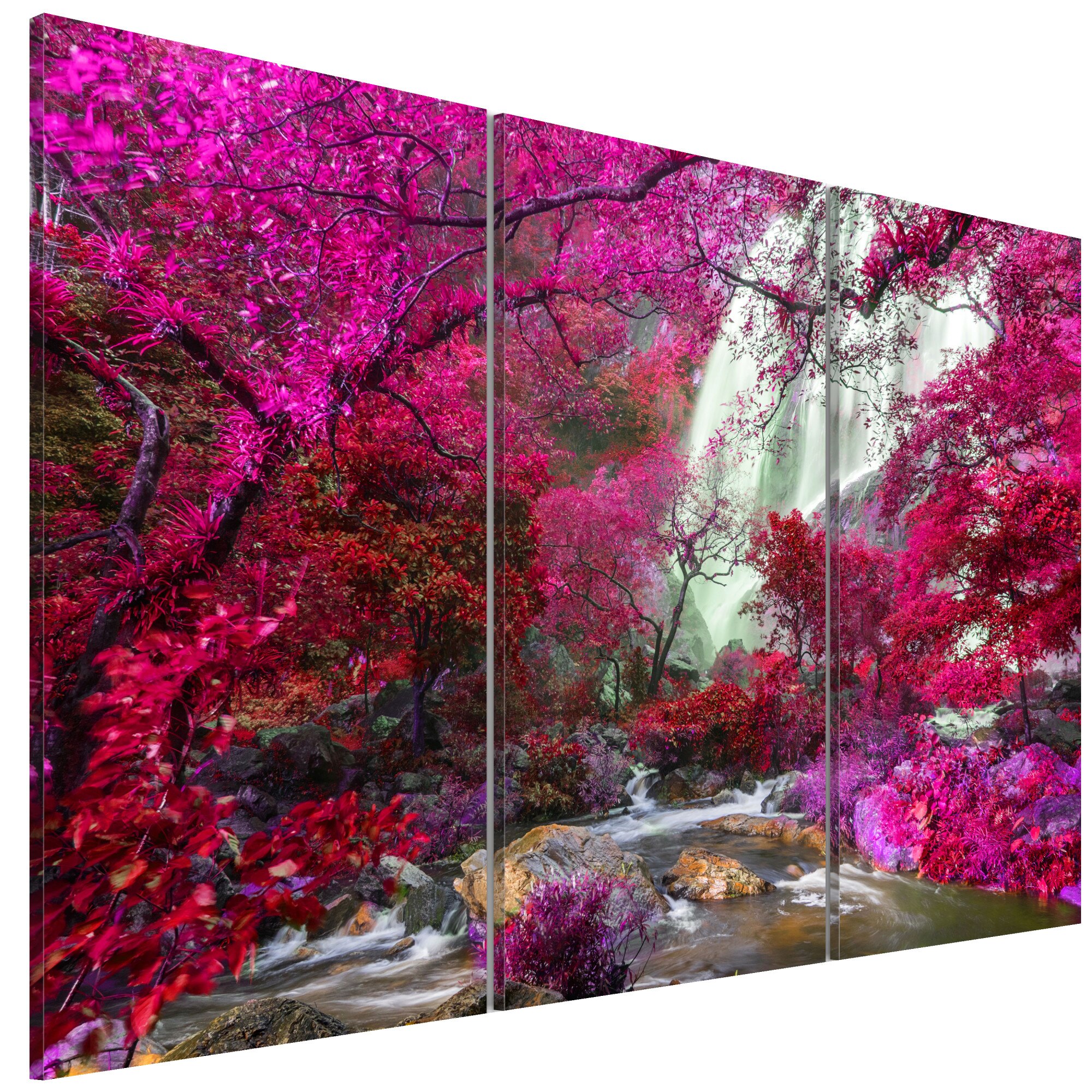 Tablou canvas 3 piese - Cascada frumoasa Padurea roz - 120 x 80 cm
