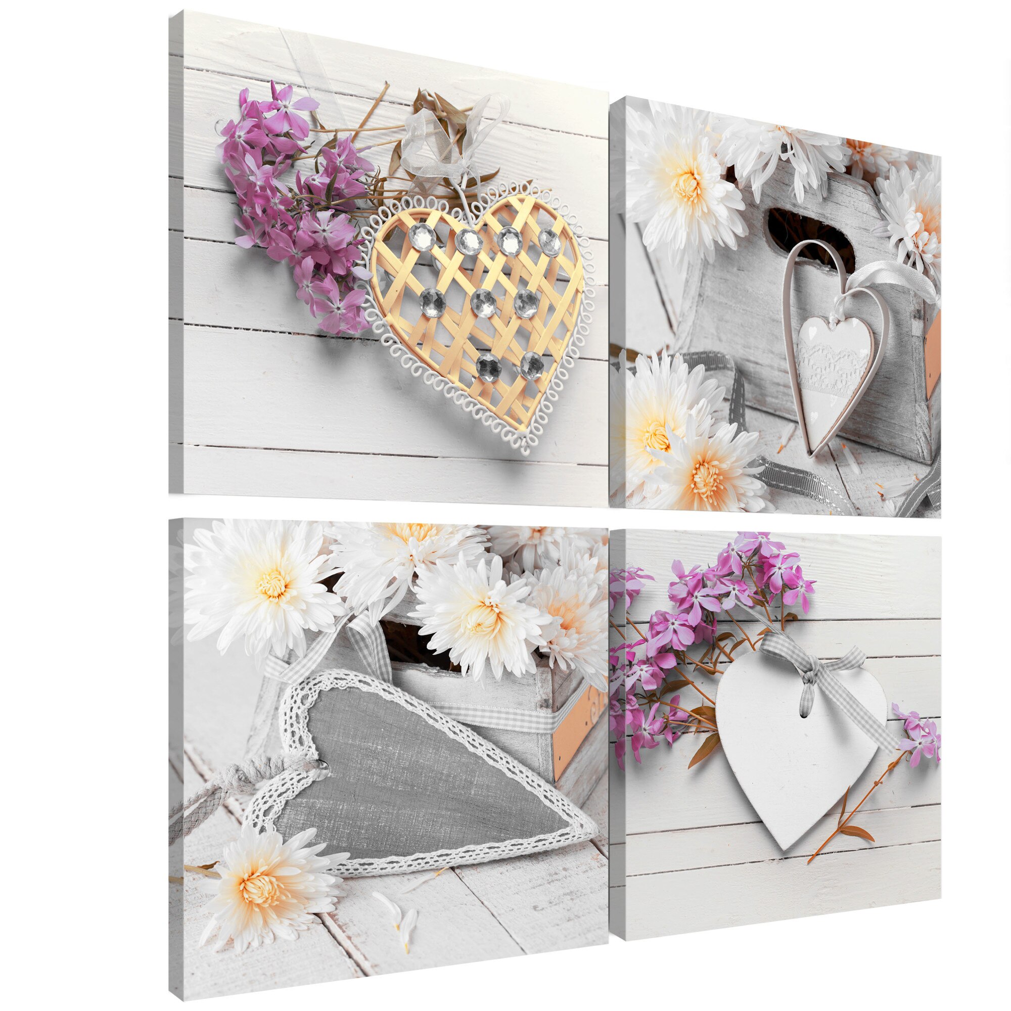 Tablou canvas 4 piese - Inimi Si flori - 40 x 40 cm