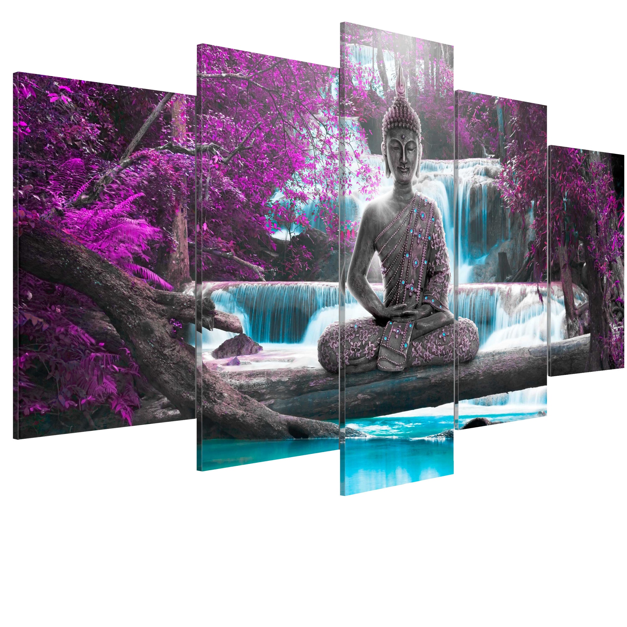 Tablou canvas 5 piese - Cascada Si Buddha - 200 x 100 cm