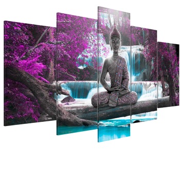 Tablou canvas 5 piese - Cascada Si Buddha - 200 x 100 cm Tablou canvas 5 piese - Cascada Si Buddha - 200 x 100 cm
