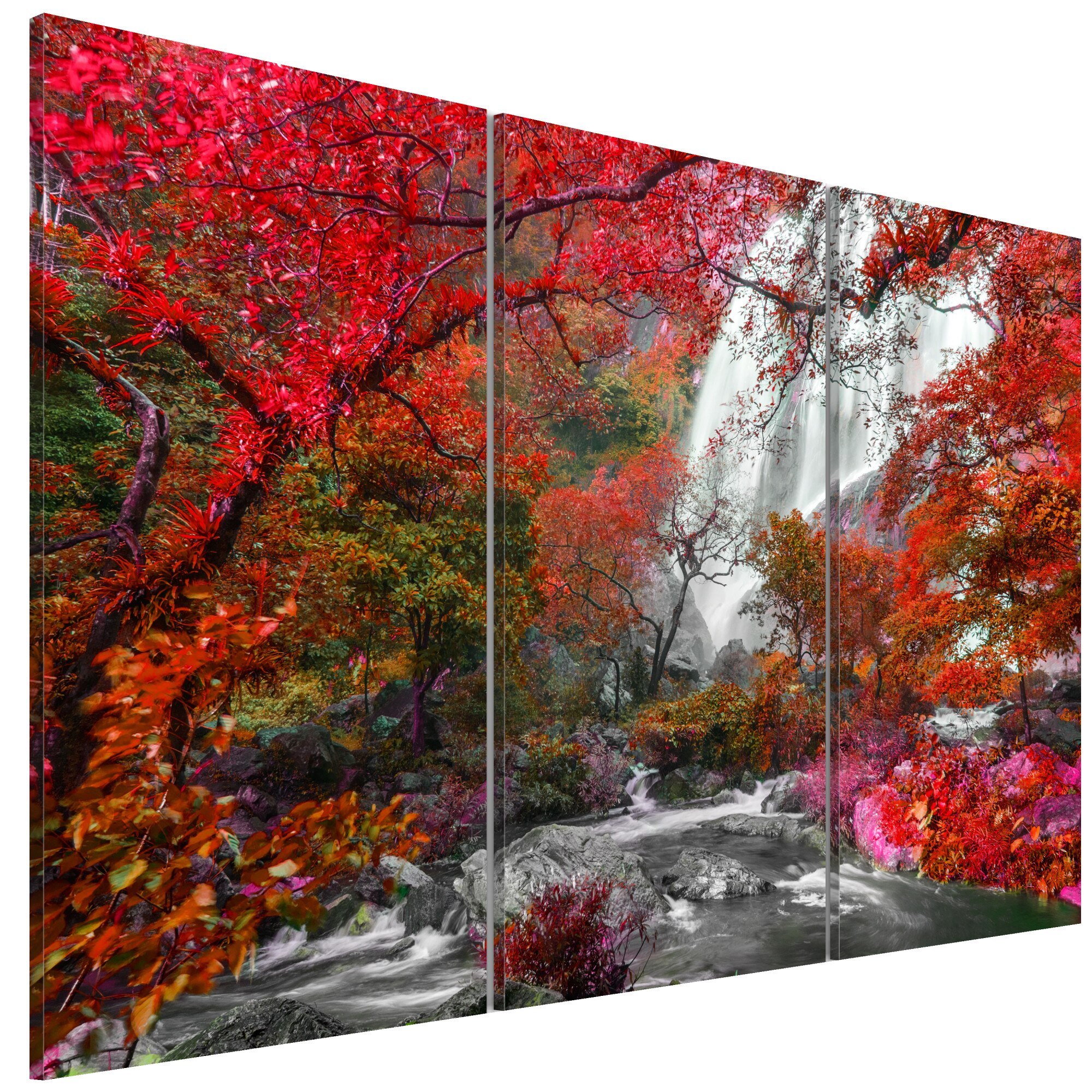 Tablou canvas 3 piese - Cascada frumoasa padurea de toamna - 90 x 60 cm