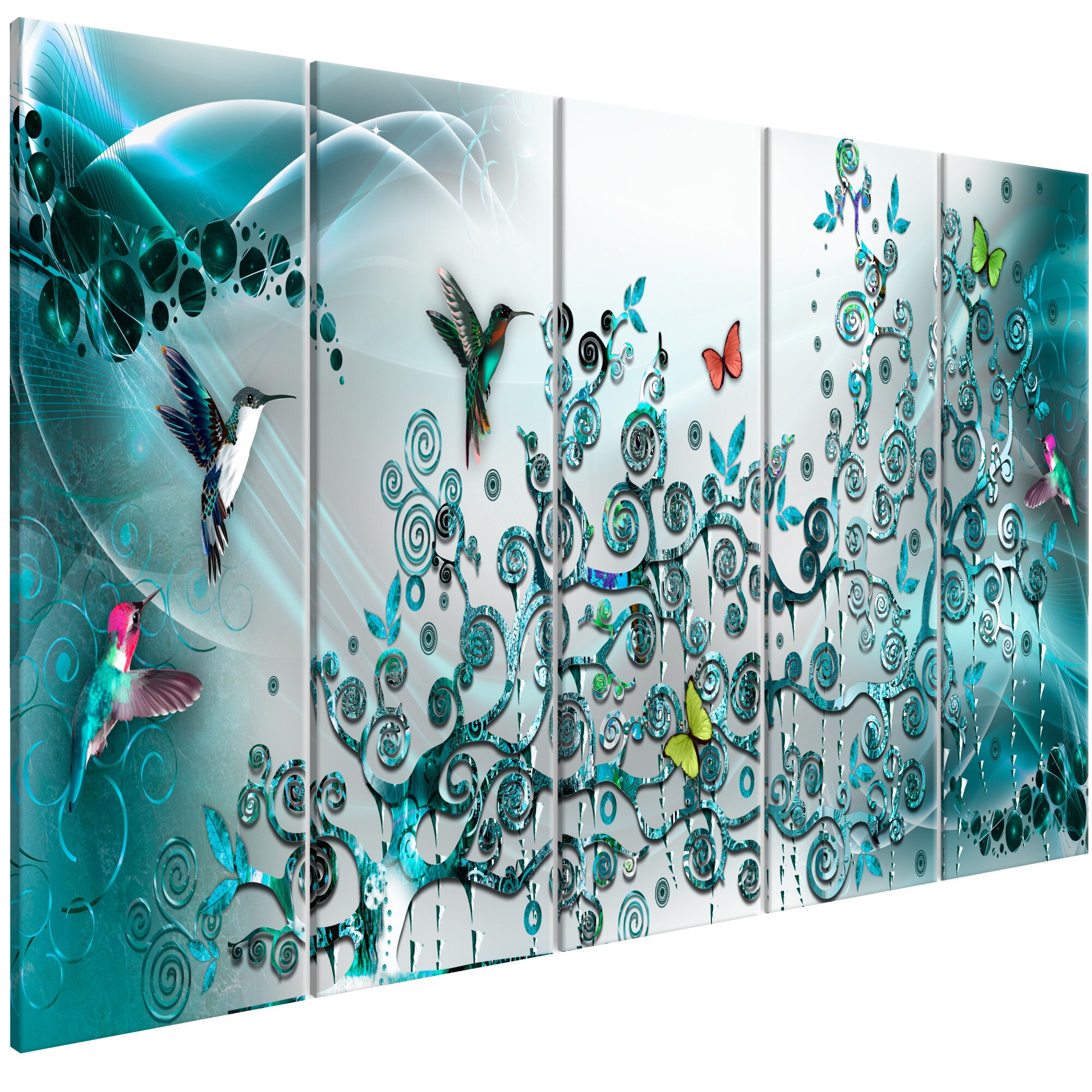 Tablou canvas 5 piese - Colibri danseaza turcoaz Ingust - 200 x 80 cm