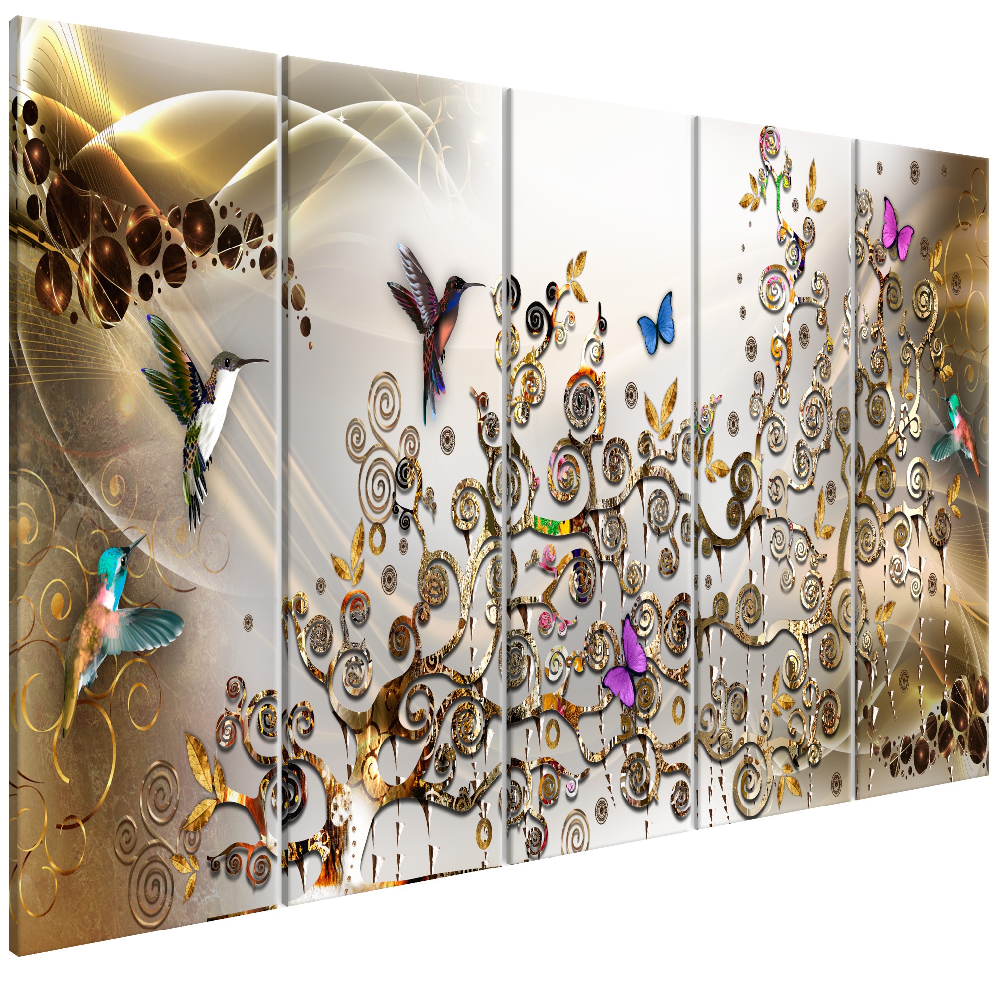 Tablou canvas 5 piese - Colibri danseaza aur Ingust - 225 x 90 cm